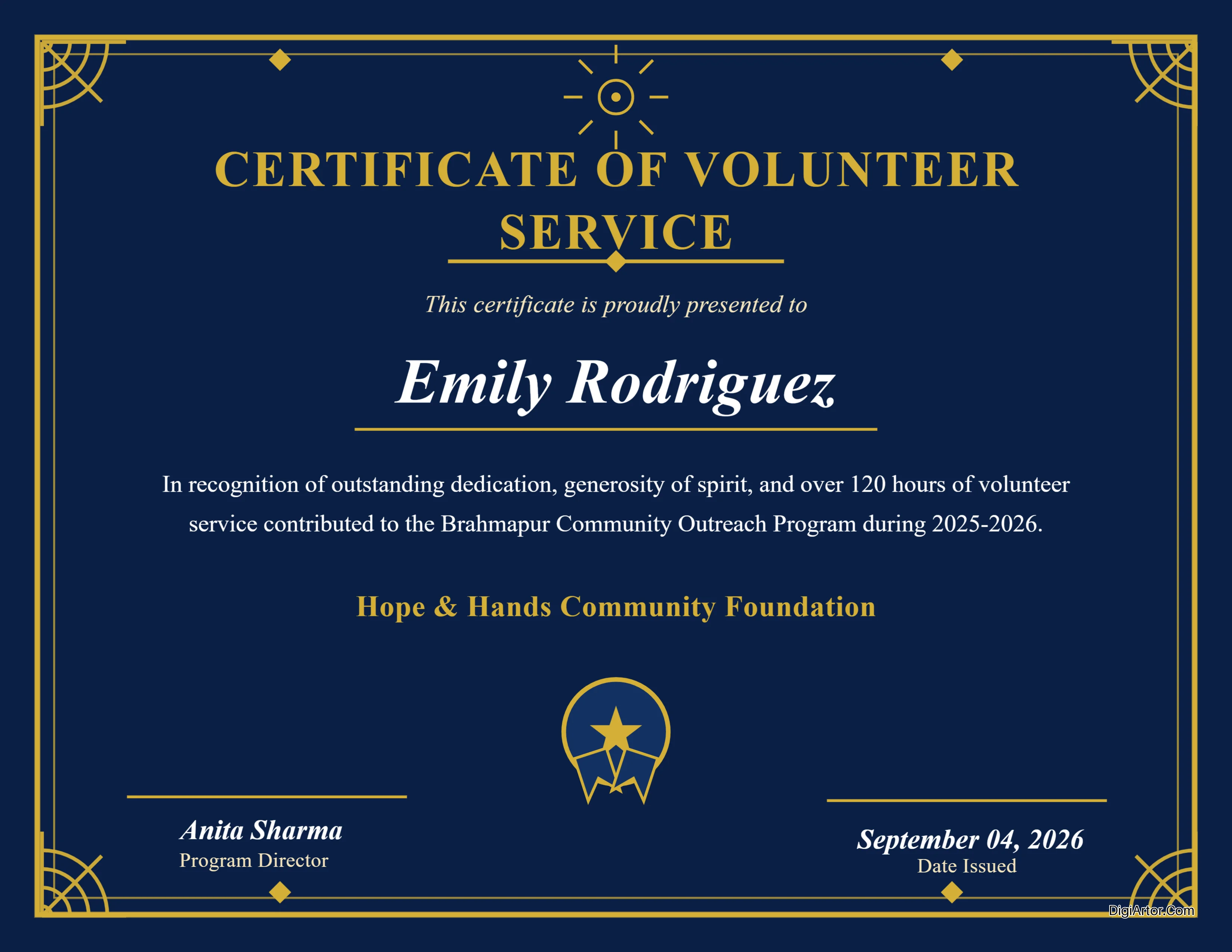 Volunteer Certificate Customize an Art Deco Royal Blue & Gold Design Online Editable Template Reference Image