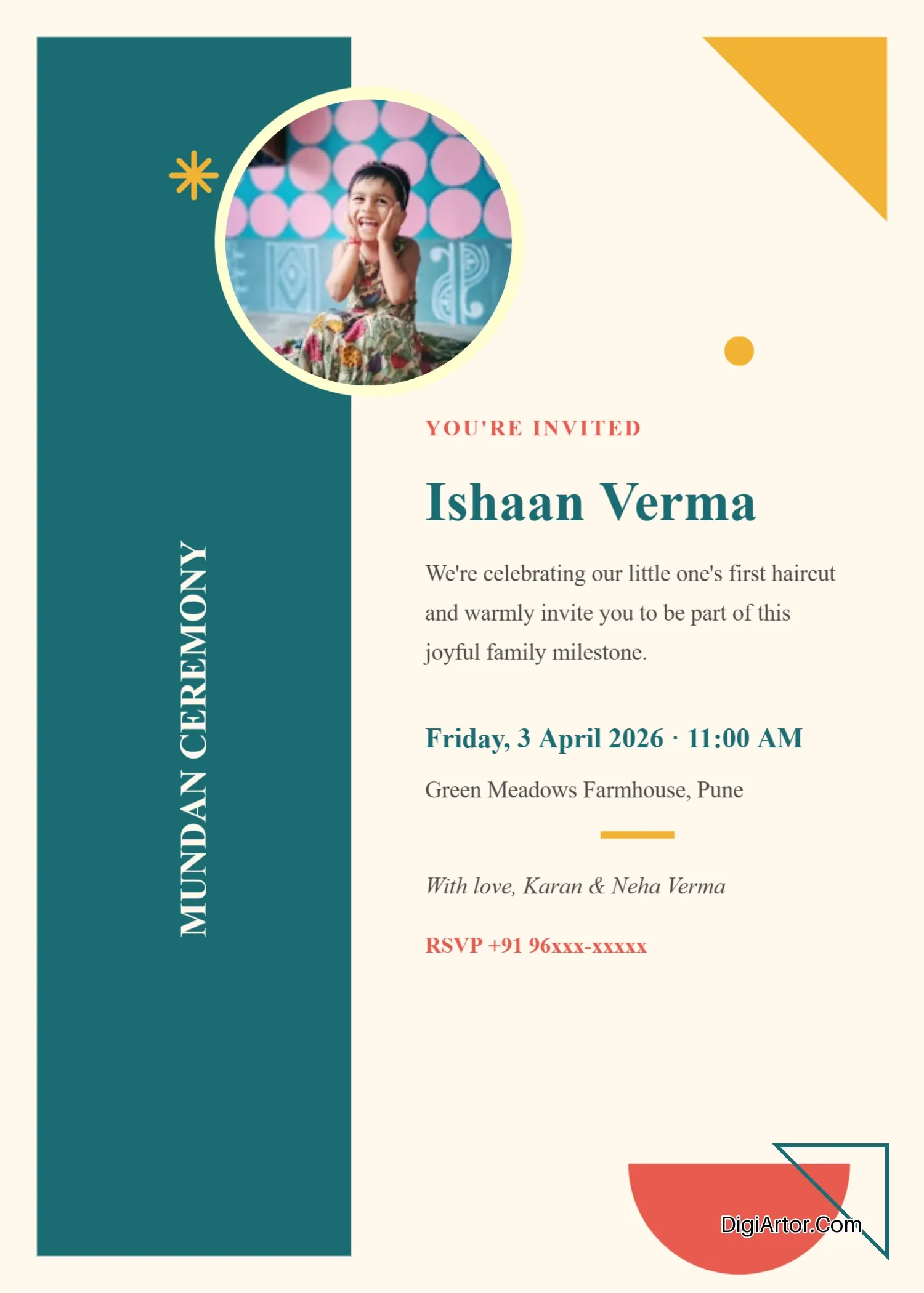 Bold Color-Block Mundan Invite Template, Customize Online Editable Template Reference Image