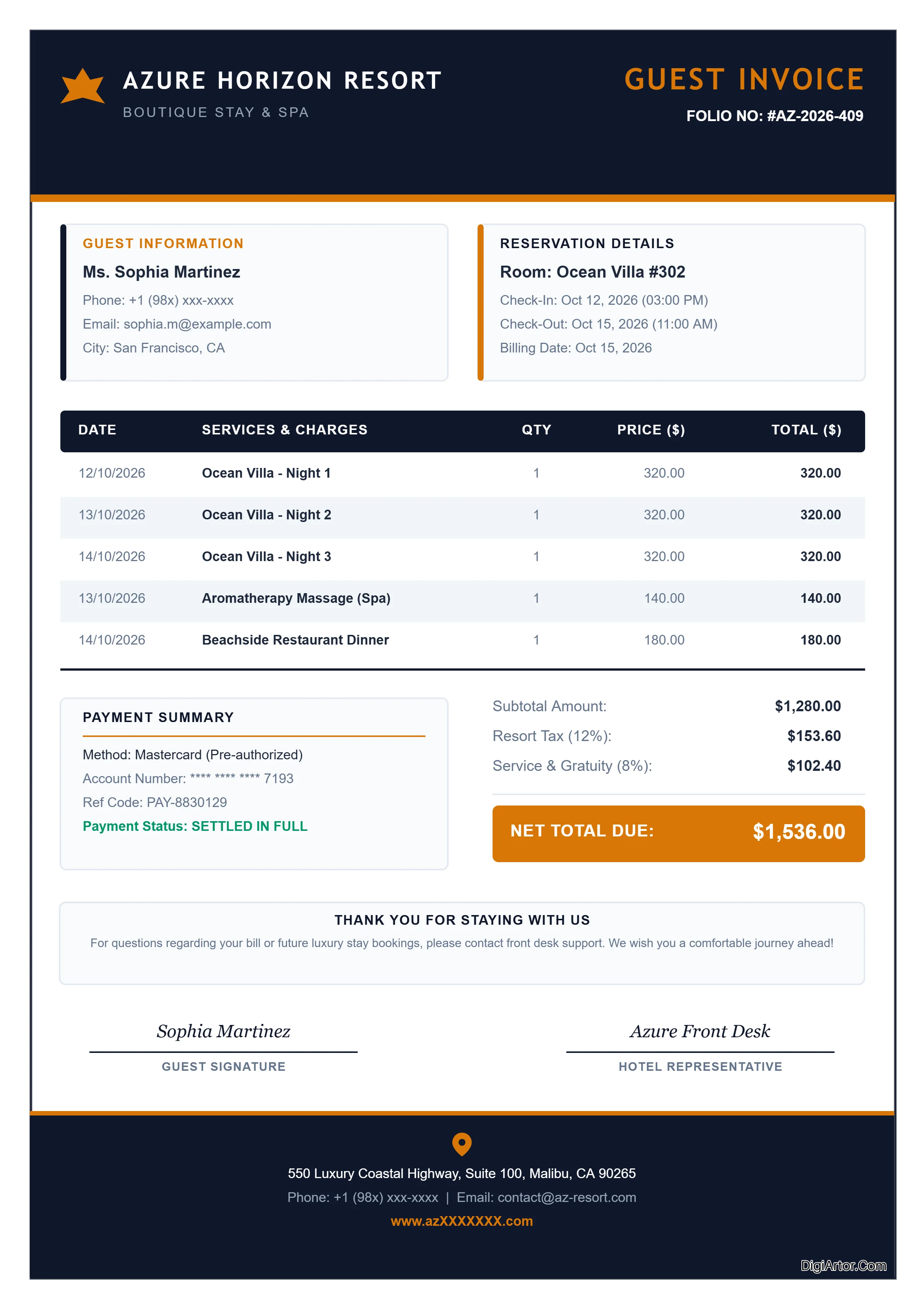 Luxury Hotel Invoice Editable Template Reference Image