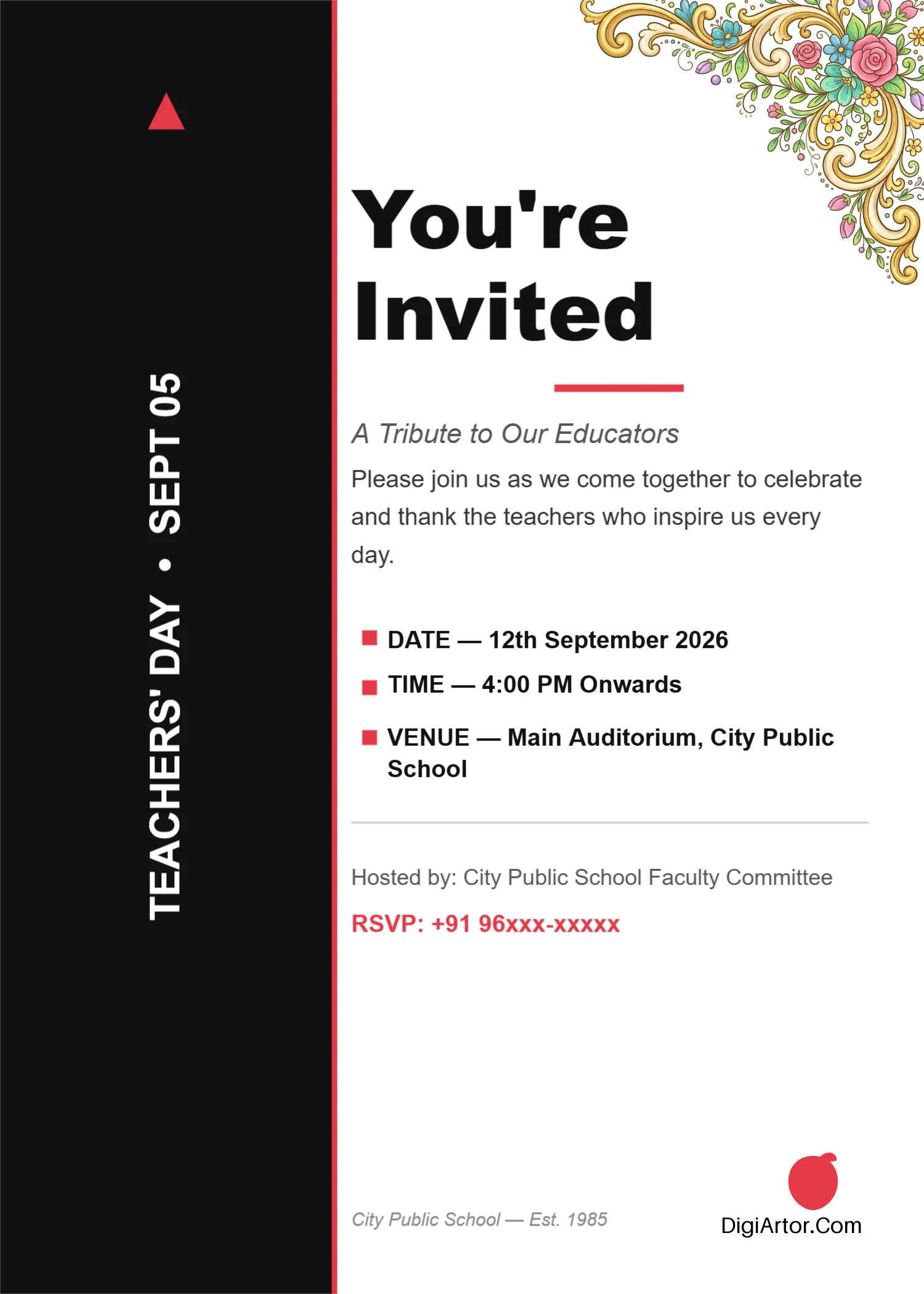 Invitation card for inviting Teachers Day Edit Download Online Free Editable Template Reference Image