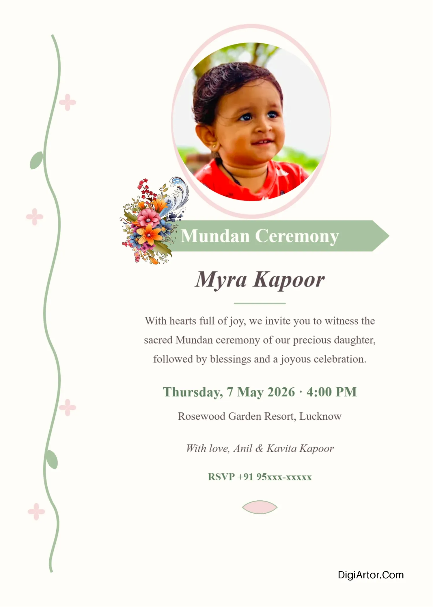 Watercolor Floral Mundan Invitation Card, Edit & Download Editable Template Reference Image