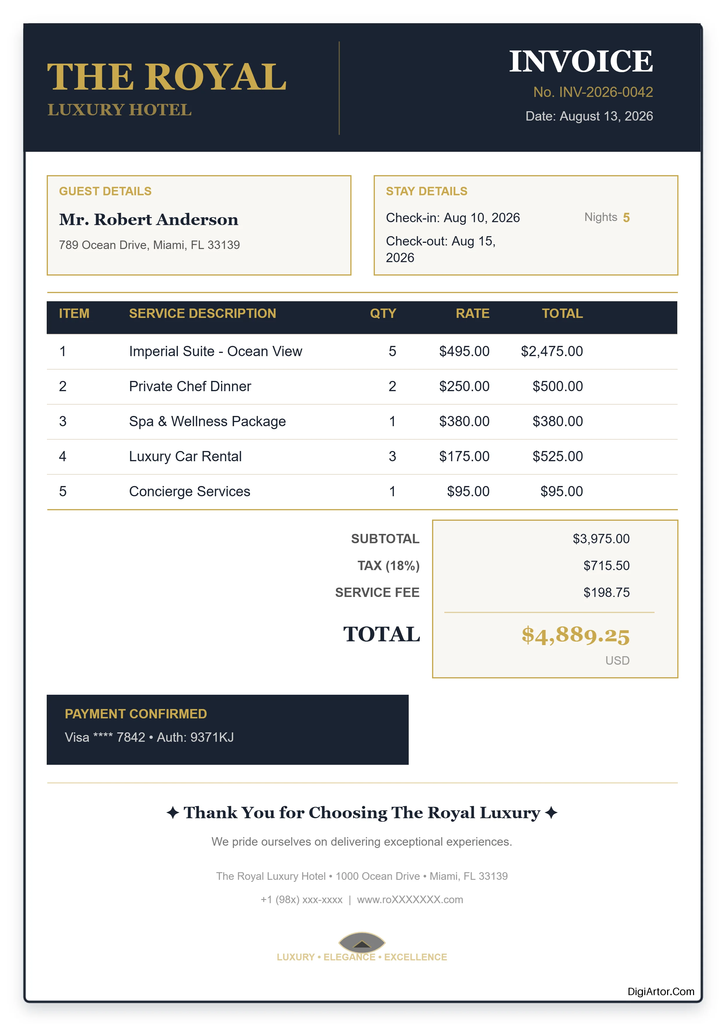 Luxury Hotel Invoice Bill Format Editable Template Reference Image
