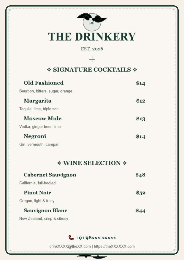 The Drinkery Drink Menu Editable Template Reference Image