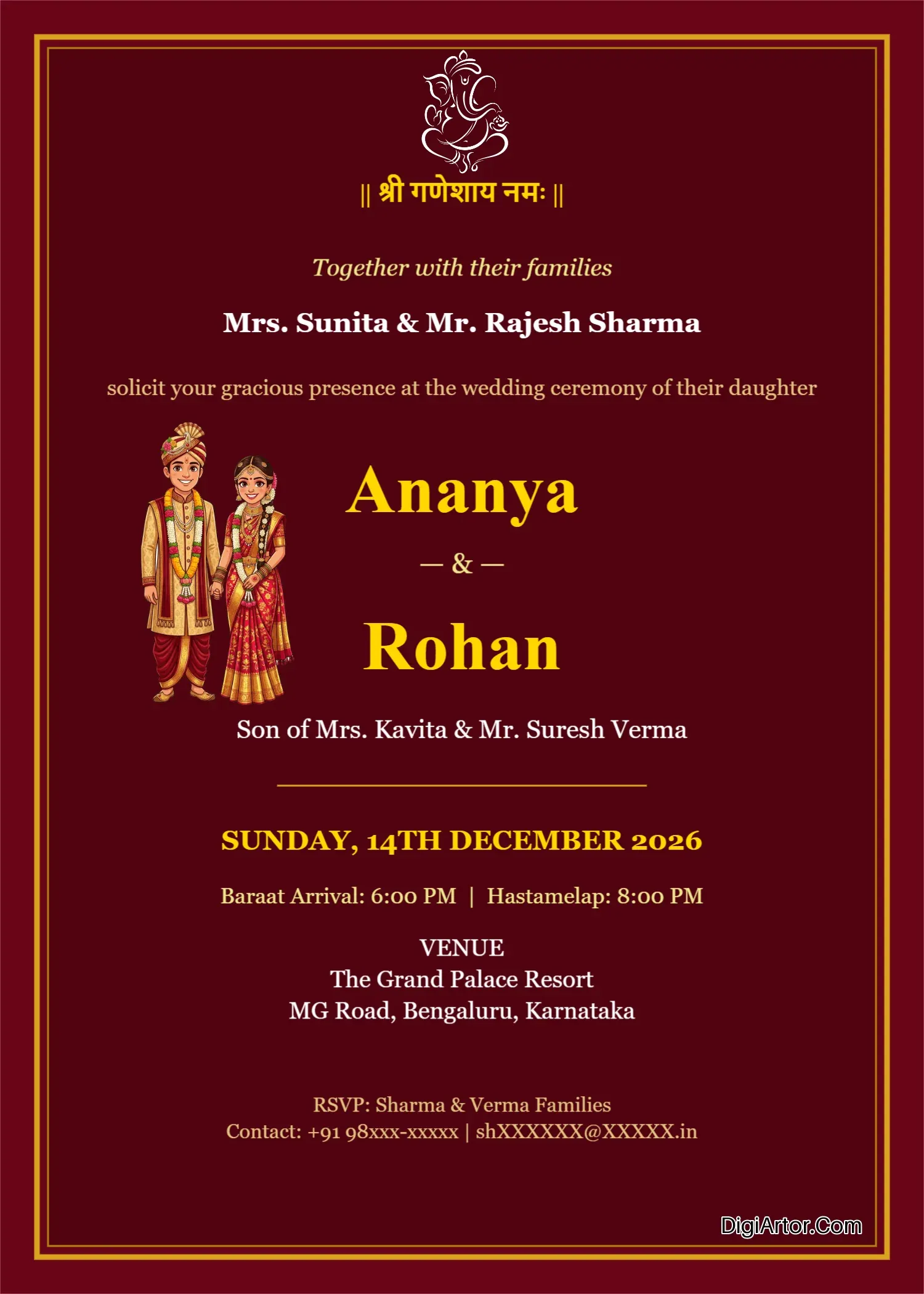 Royal Crimson & Gold Theme - Hindu Wedding Invitation Card Template Editable Template Reference Image