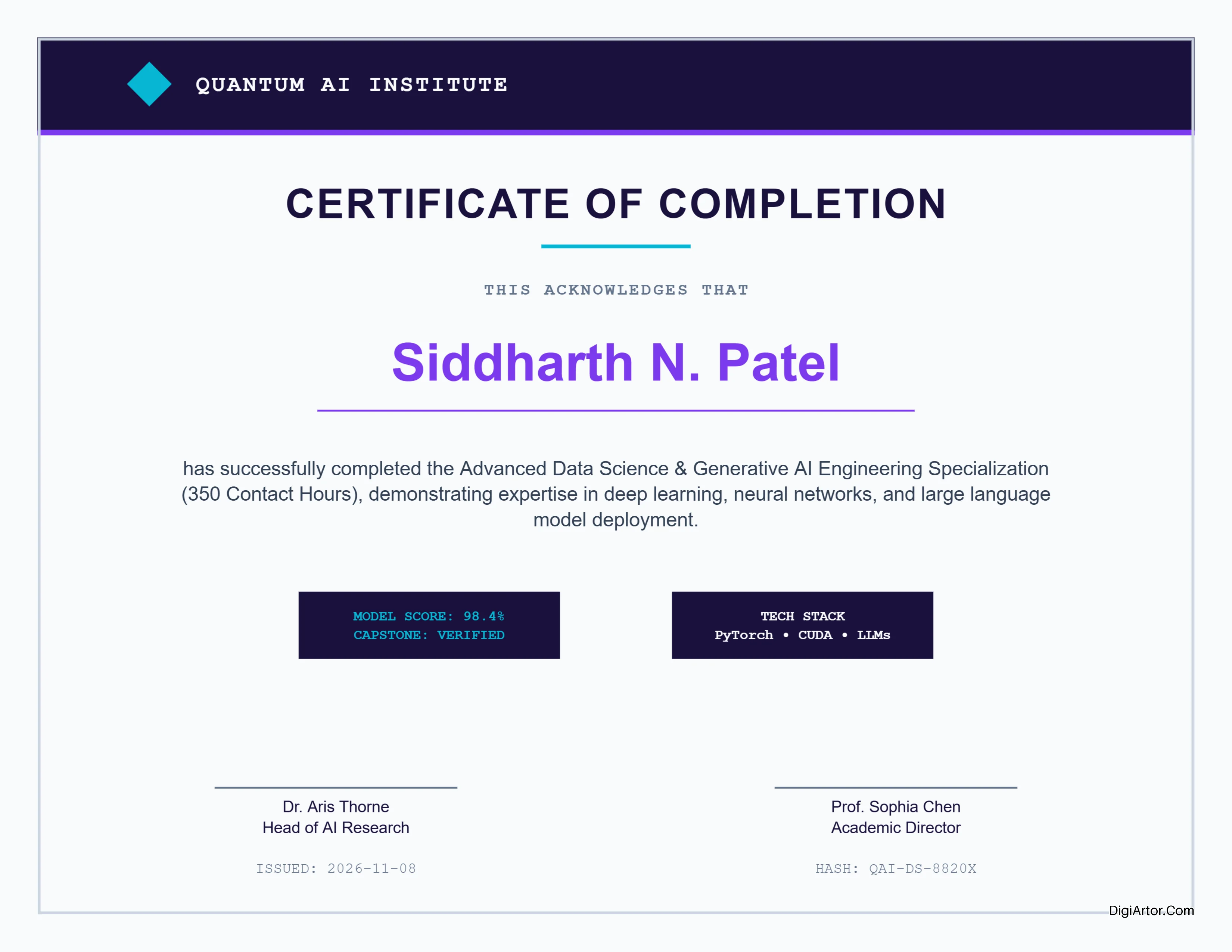 Data Science & Generative AI Training Completion Certificate - Editable & Printable PDF Editable Template Reference Image