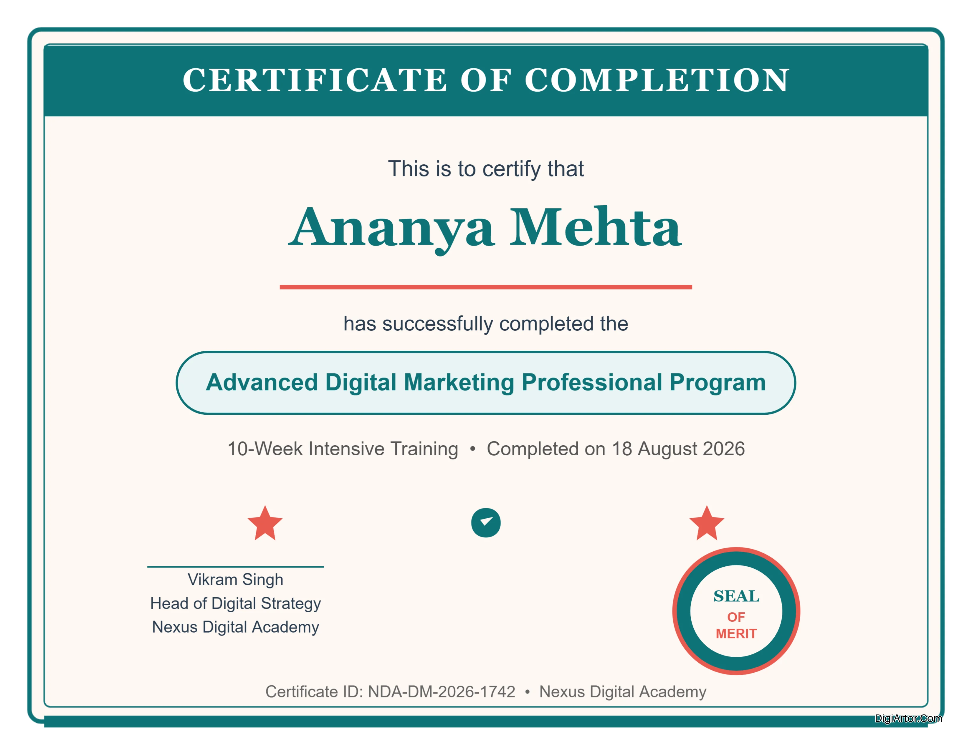 Advanced Digital Marketing Program Training Completion Certificate - Edit & Download for free Editable Template Reference Image
