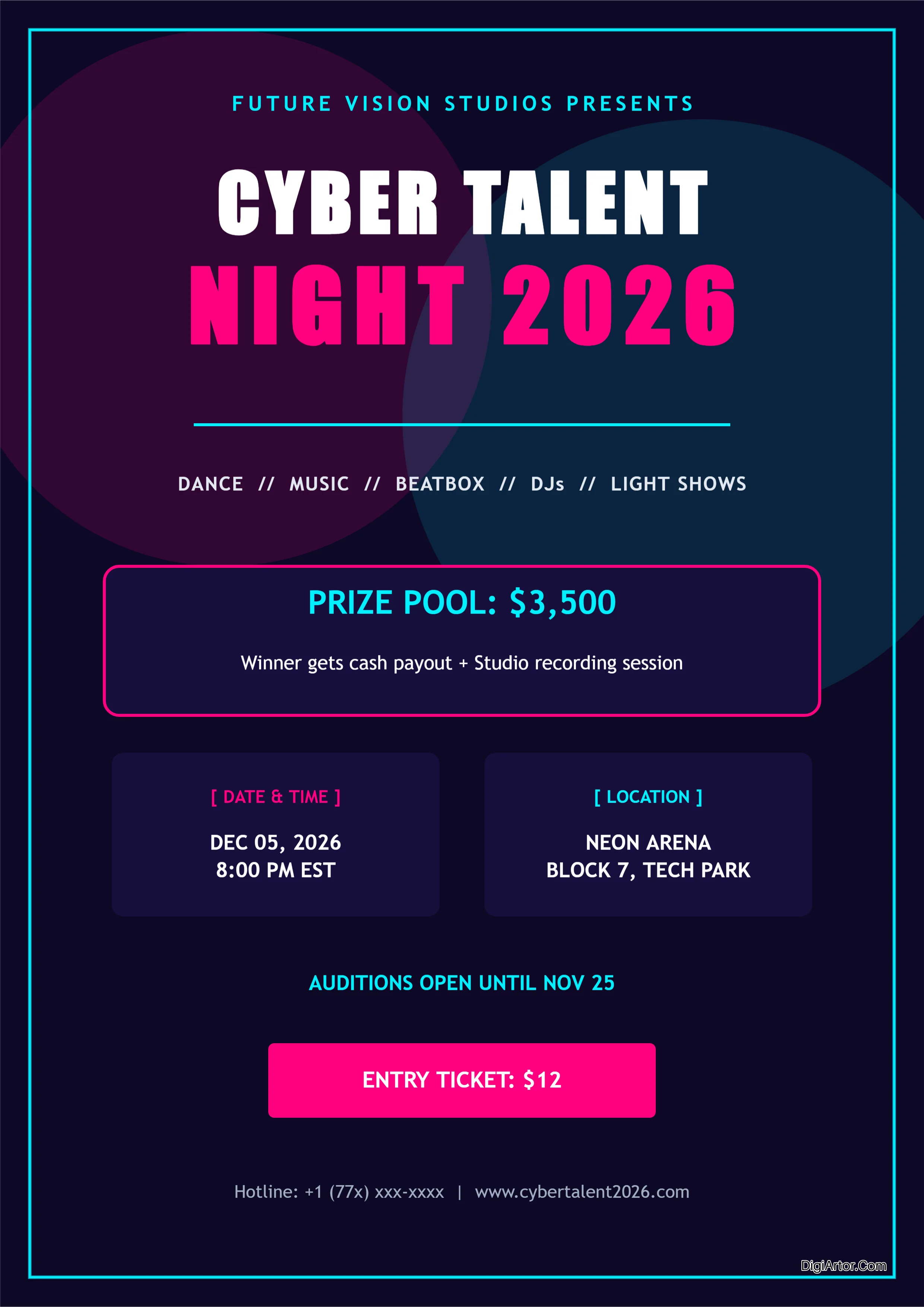 Create Cyber Neon Talent Show Flyer Online Modern Event Customizer Editable Template Reference Image