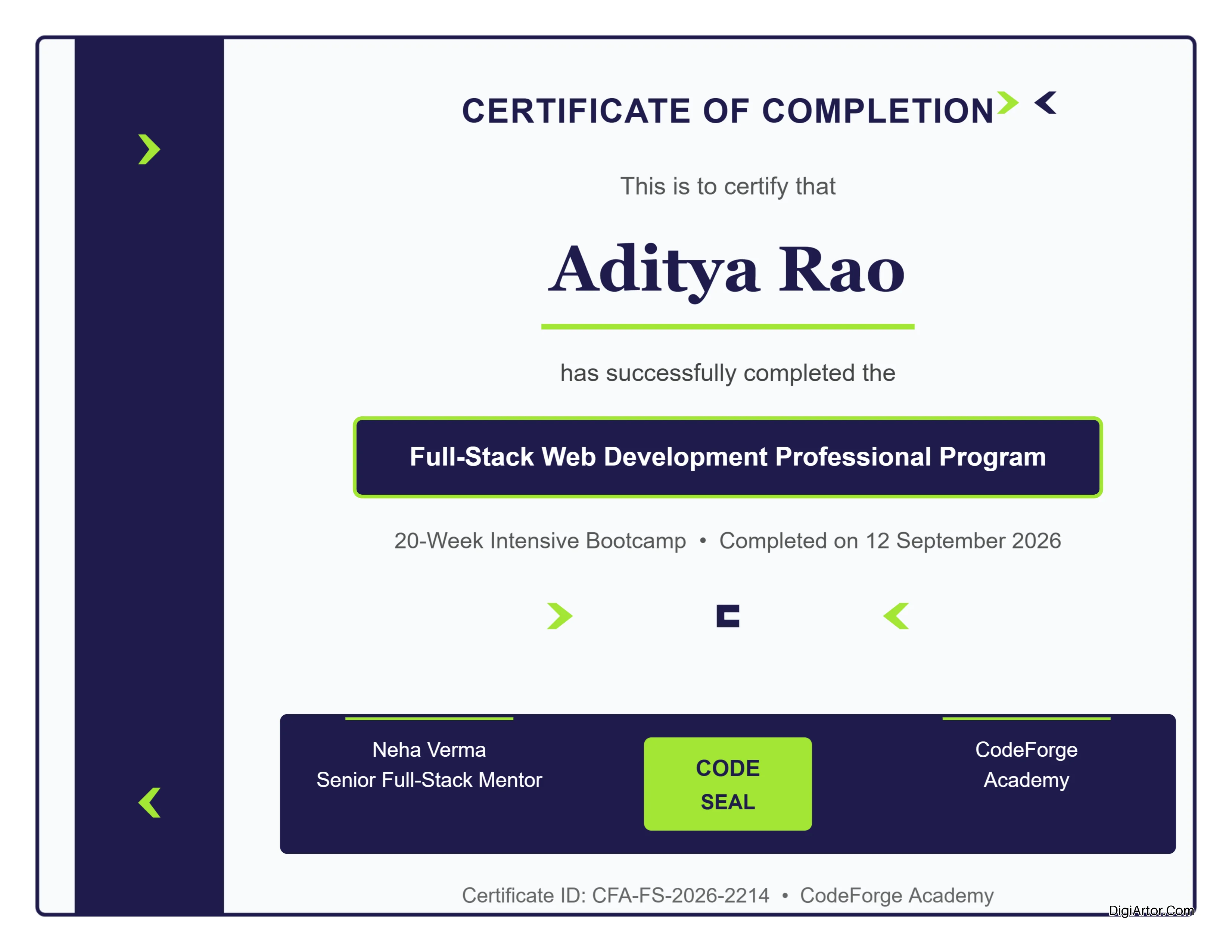 Training for Full-Stack Web Development Professional Program Completion Certificate Customizable Editable Template Reference Image