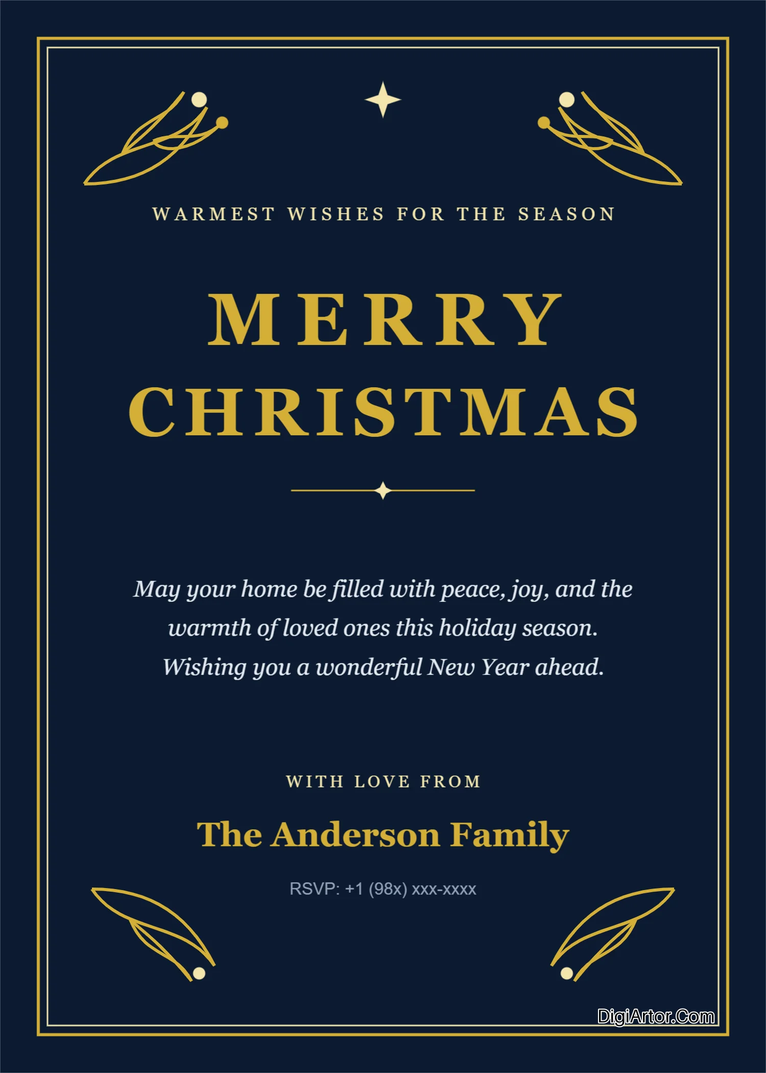 Customize Navy Blue Gold Botanical Merry Christmas Greeting Card Editable Template Reference Image
