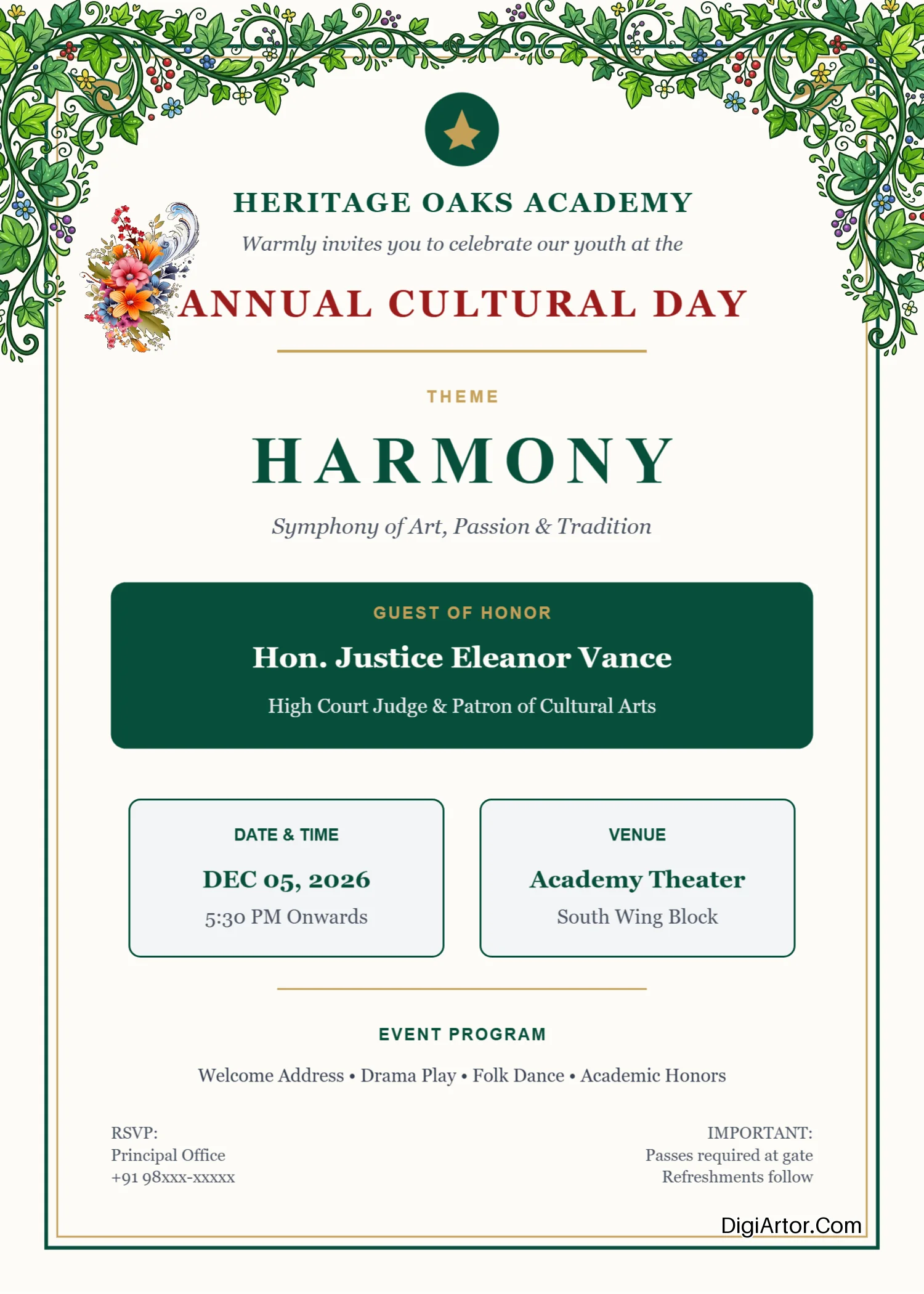 Customizable Annual Day in School Invitation Card Design Template - Download for free Editable Template Reference Image