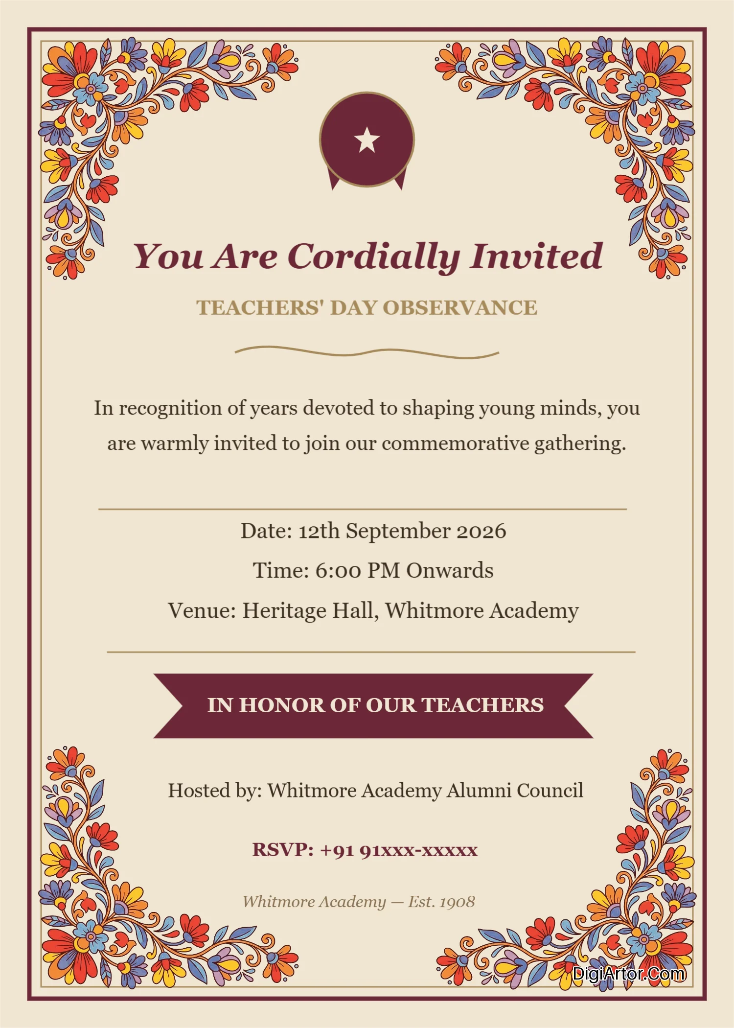Invitation card to invite teachers for teachers day Edit Download for free Editable Template Reference Image