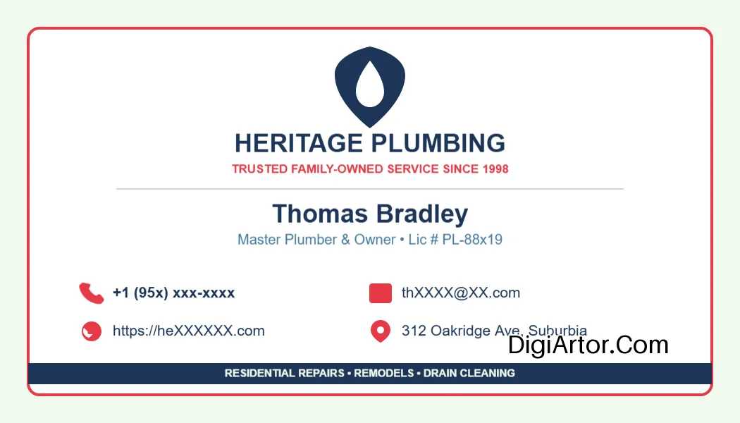 Customize Residential Plumber Business (Visiting) Card Online - Badge Template Editable Template Reference Image