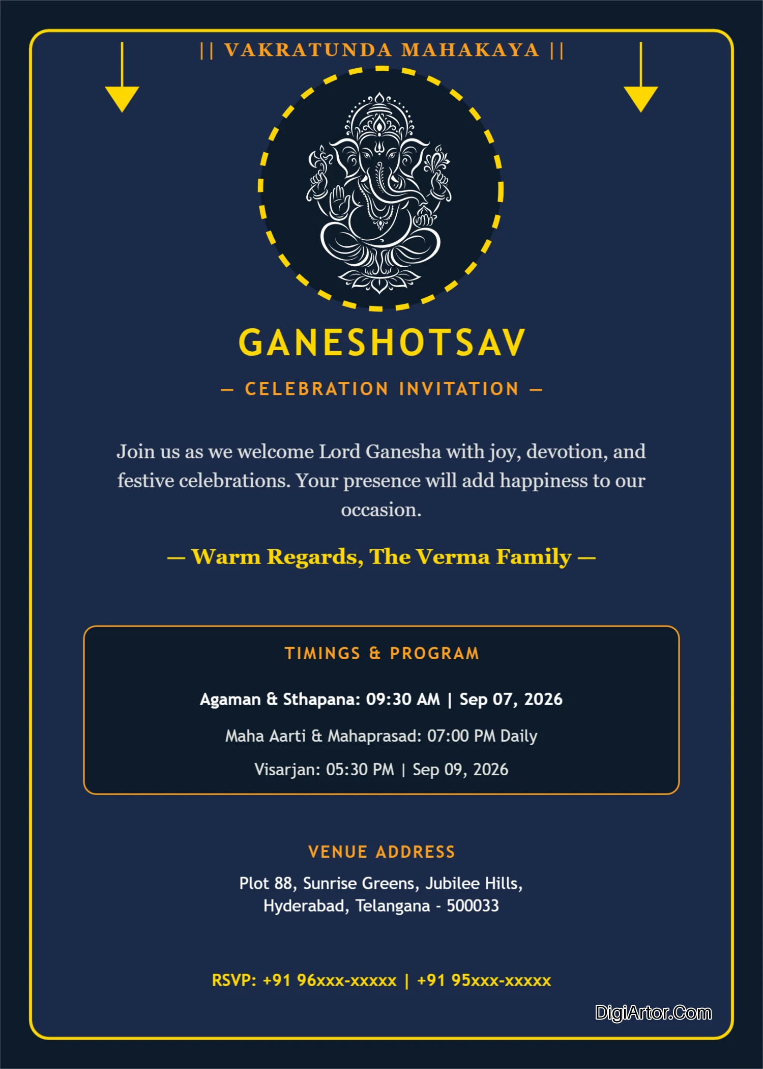 Create Vibrant Royal Blue Ganesh Chaturthi Invitation Online Editable Template Reference Image