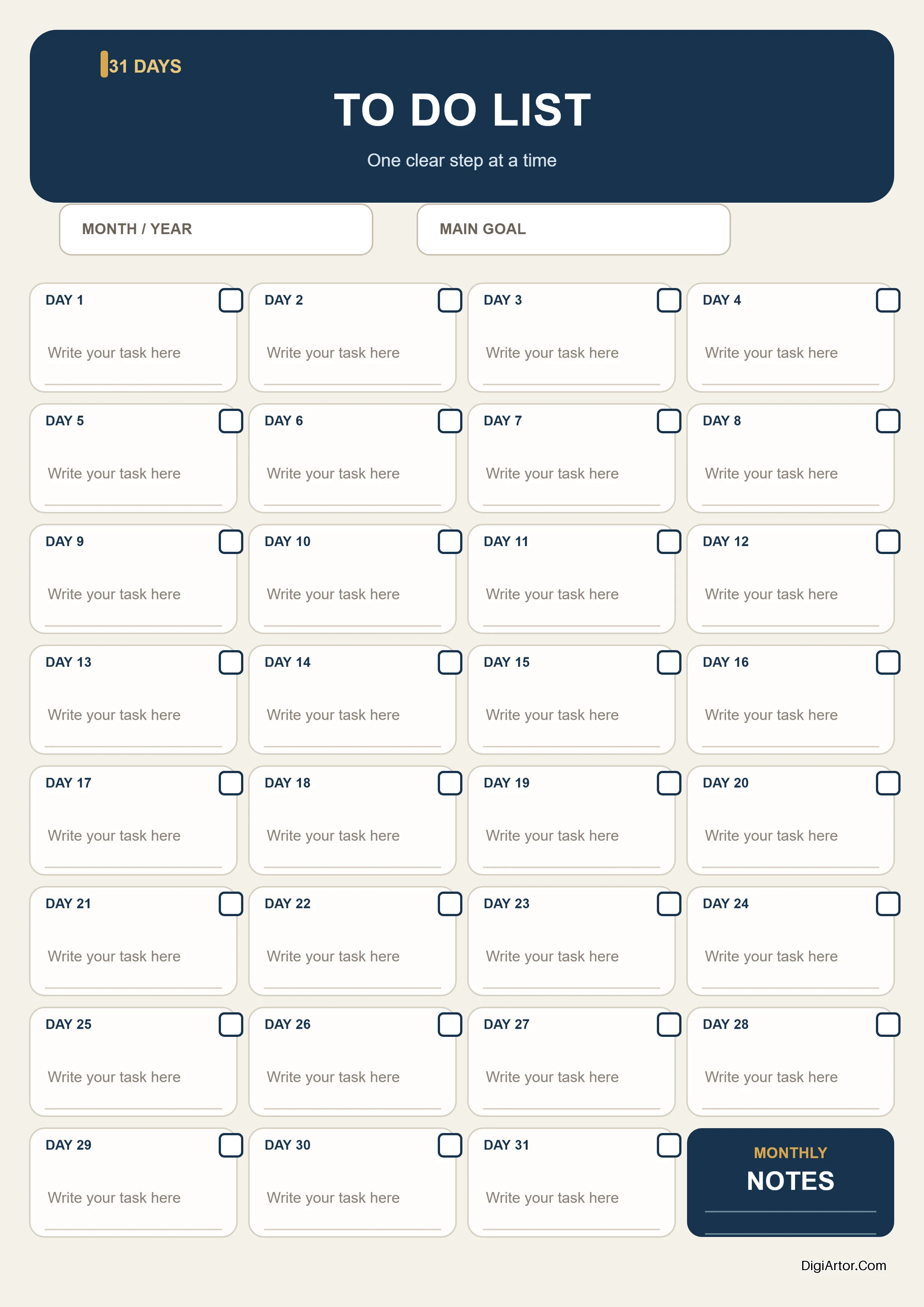 Printable 31 Days To Do List Monthly Planner – Edit & Customize Online Free Download Editable Template Reference Image