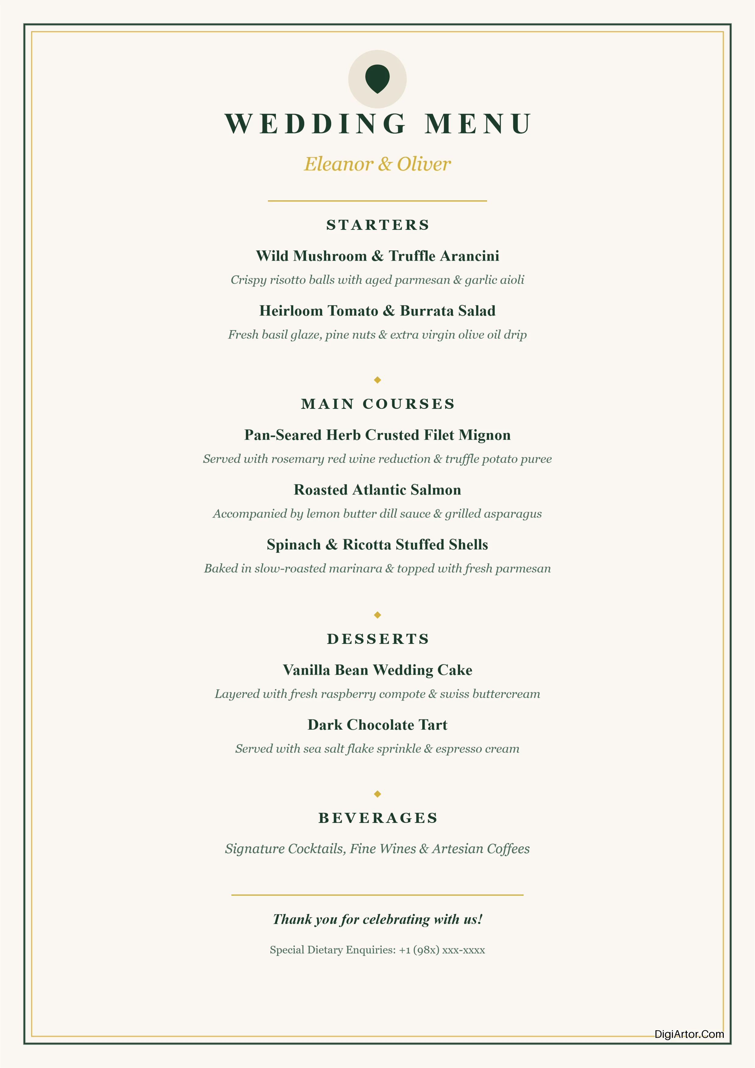 Elegant Cream Dark Green Wedding Menu Format Editable Template Reference Image