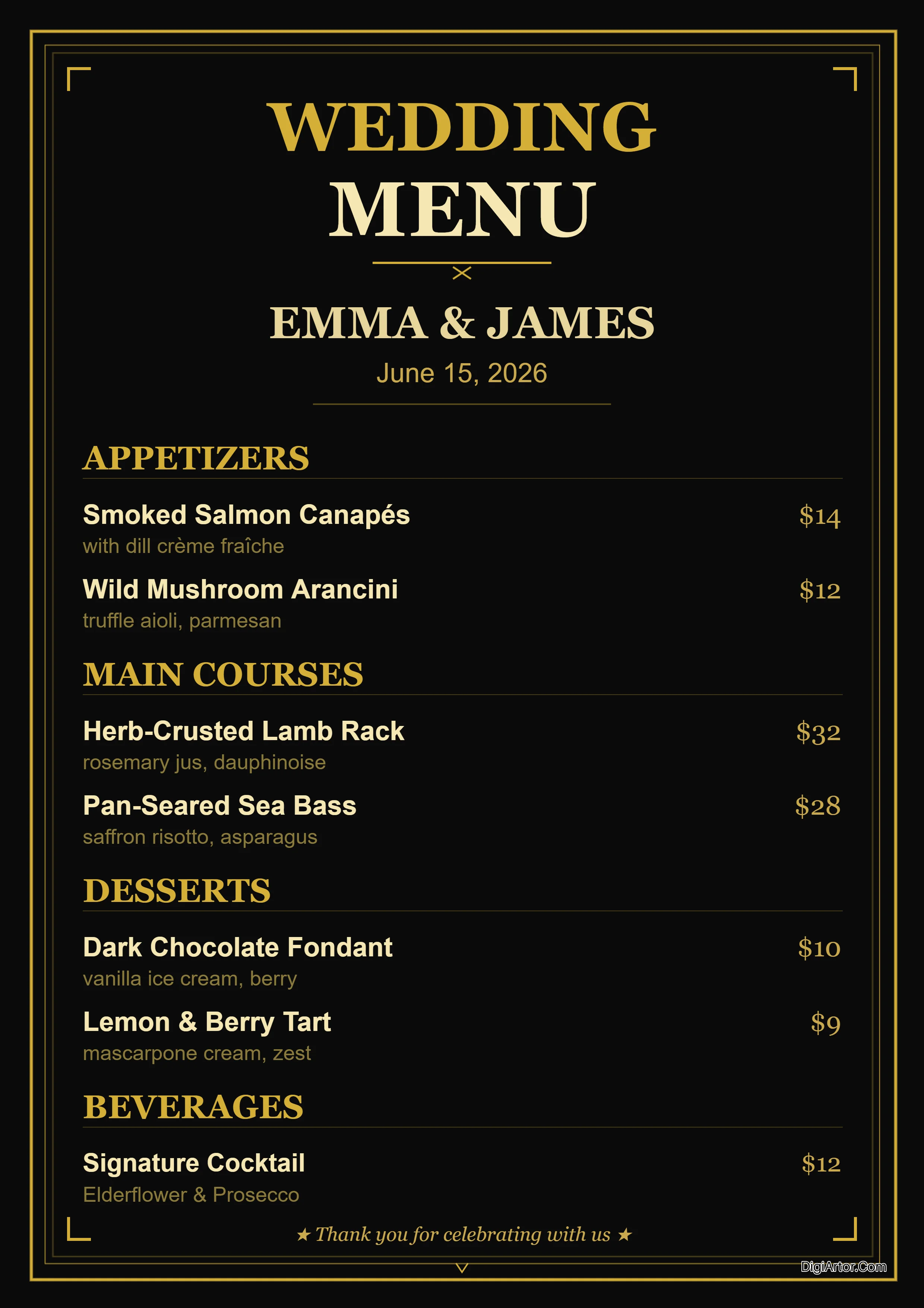 Elegant Wedding Menu Editable Template Reference Image