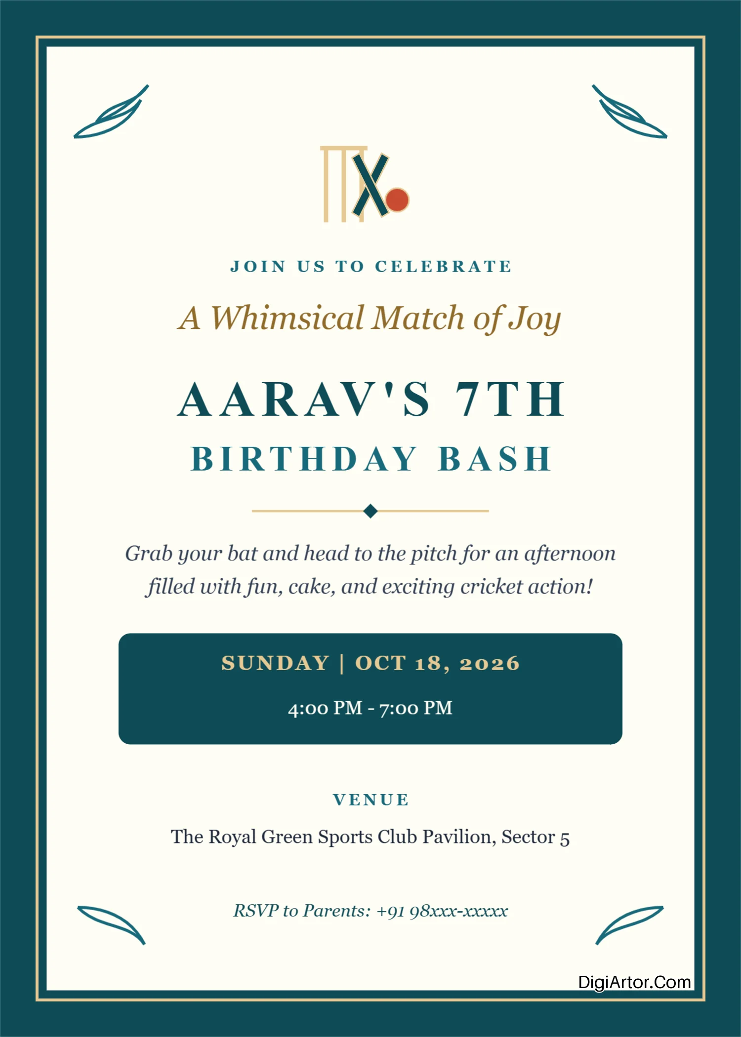 Birthday Party Invitation Card Cricket Theme Editable Template Reference Image