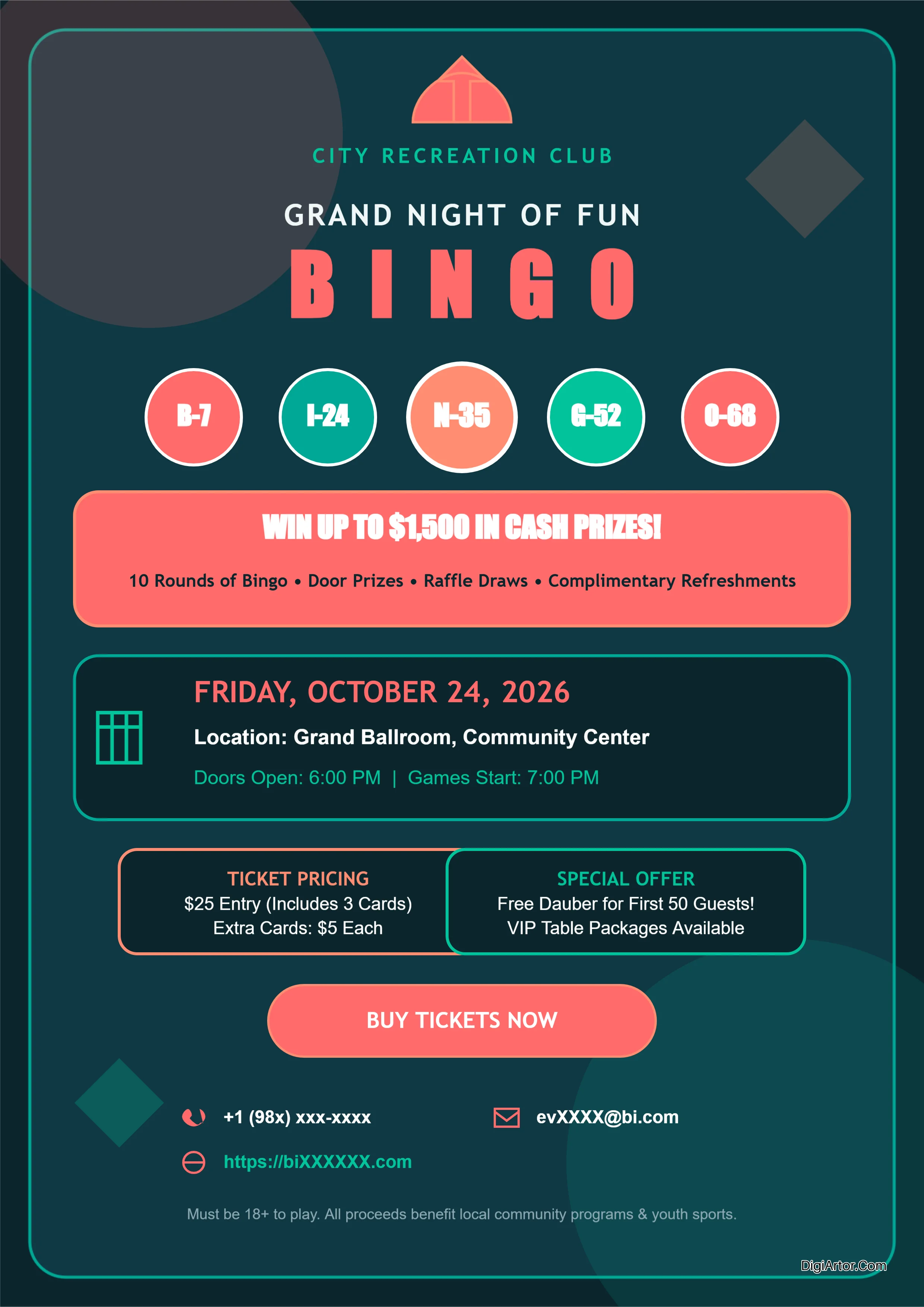 Interactive Teal Coral Bingo Night Flyer Editable Template Reference Image