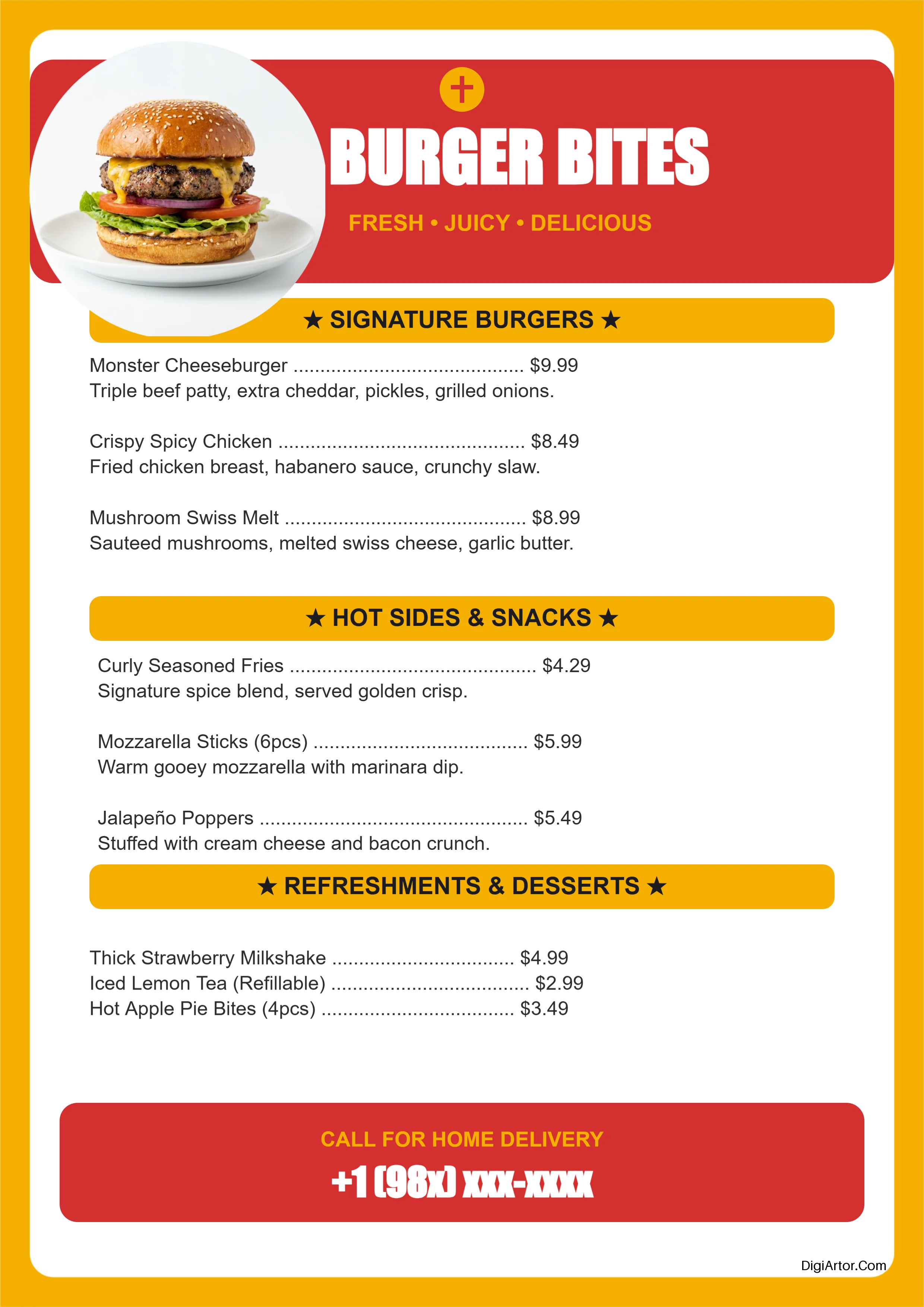 Fast Food Menu Designer Edit Mustard & Red Theme Menu Online Editable Template Reference Image