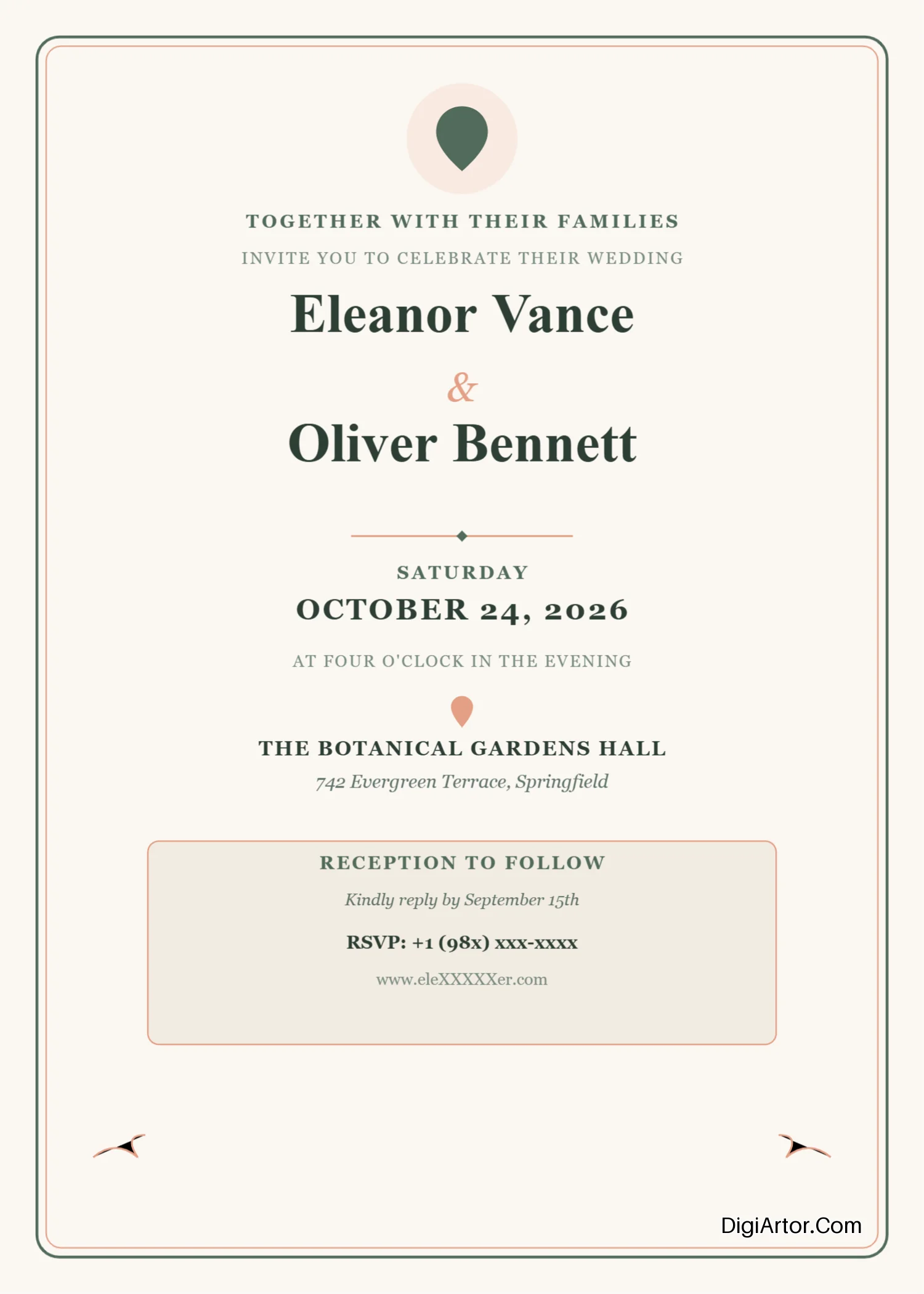 Rustic Peach Sage Green Wedding Invitation Card Format Editable Template Reference Image