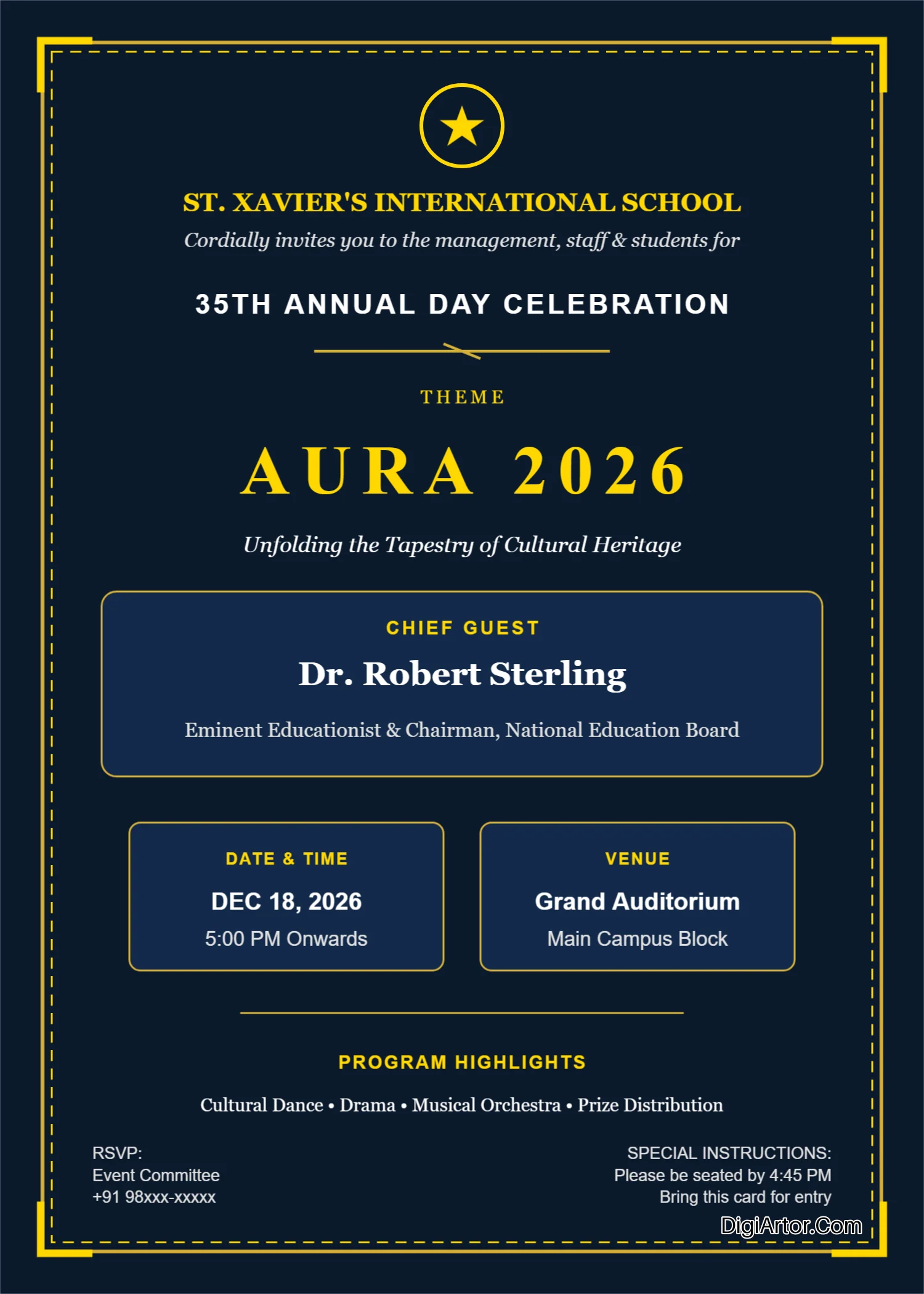 Invitation Card for Annual Day Function in School - Edit Online & Download for free Editable Template Reference Image