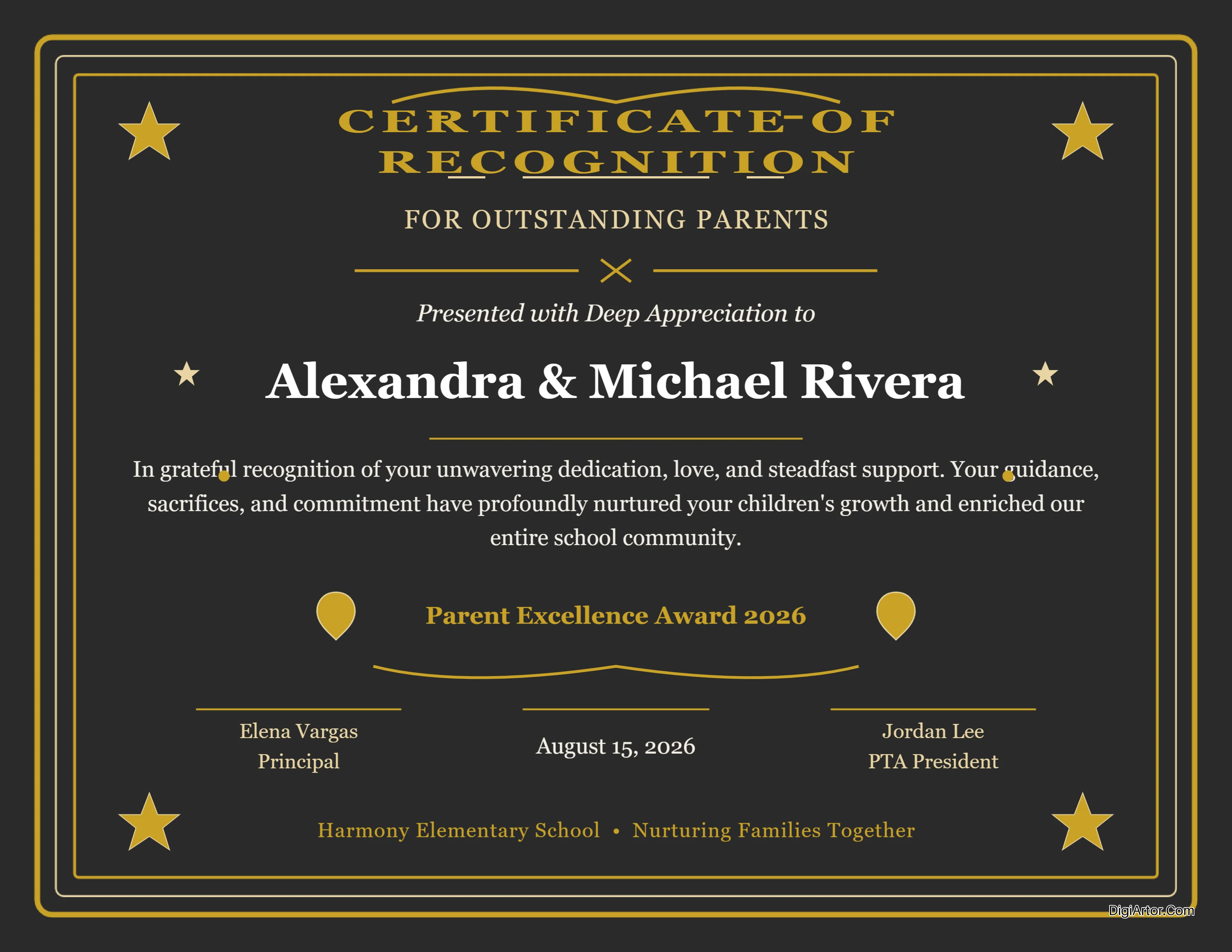Parent Recognition Certificate Editable Template Reference Image