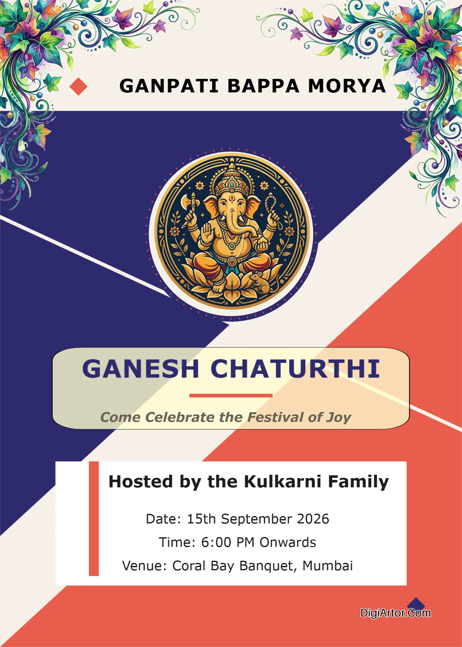 Ganesh Chaturthi invitation card maker online free Edit Online Download for free Editable Template Reference Image