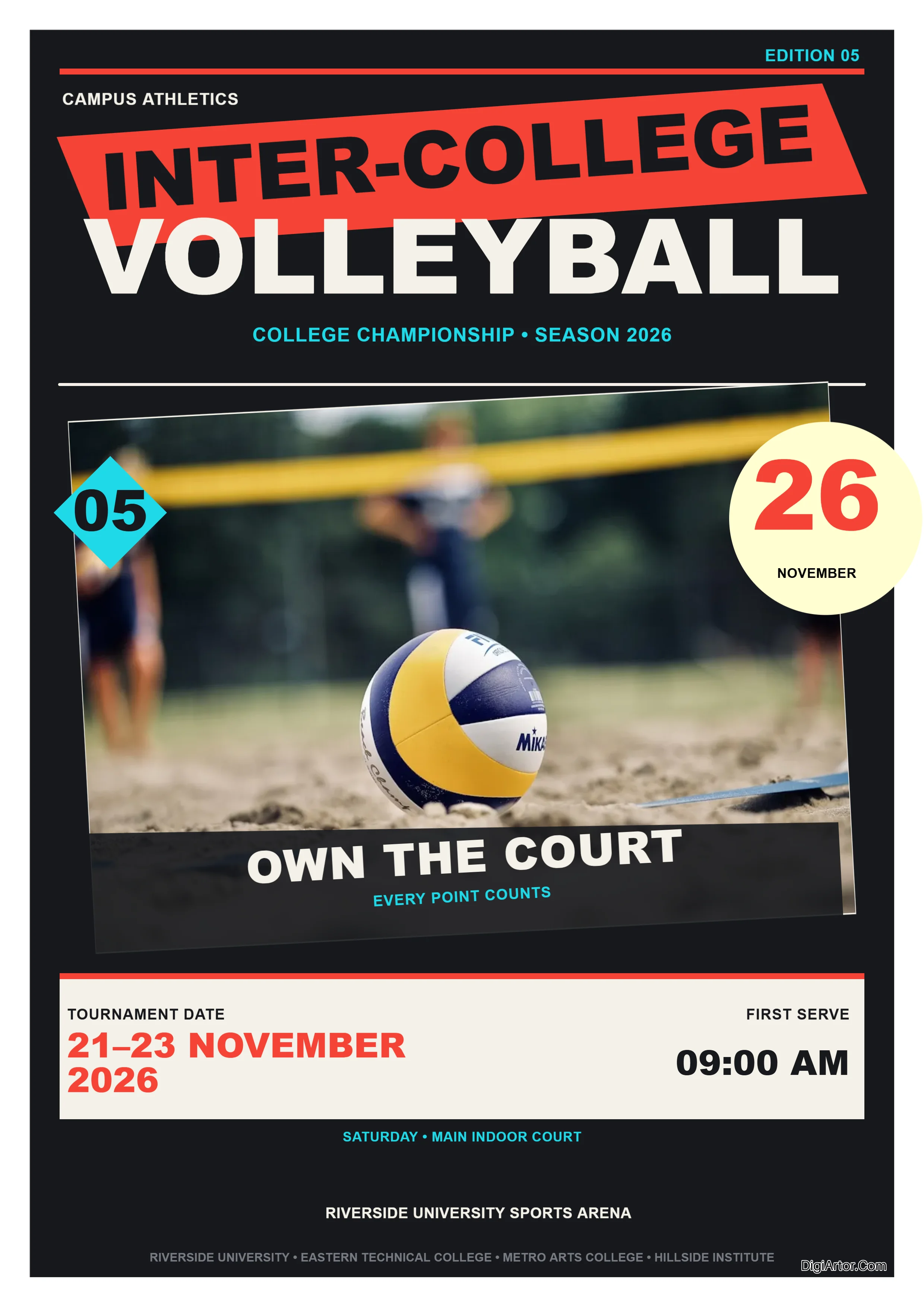 Inter College Volleyball Tournament Poster - Edit and download in PDF, PNG or WEBP form Editable Template Reference Image