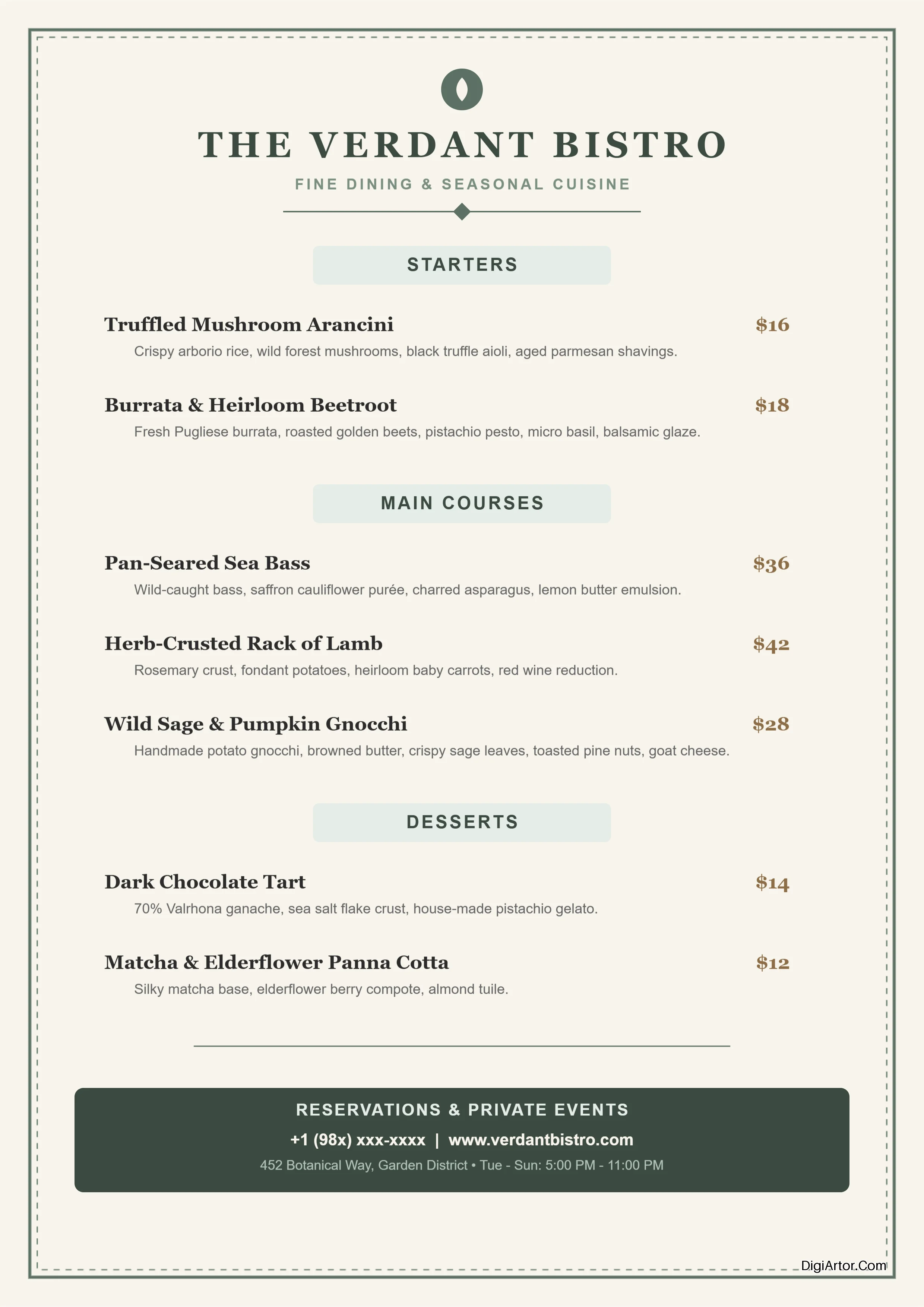 Customize Elegant Dinner Menu Online Sage Green & Cream Restaurant Template Editable Template Reference Image