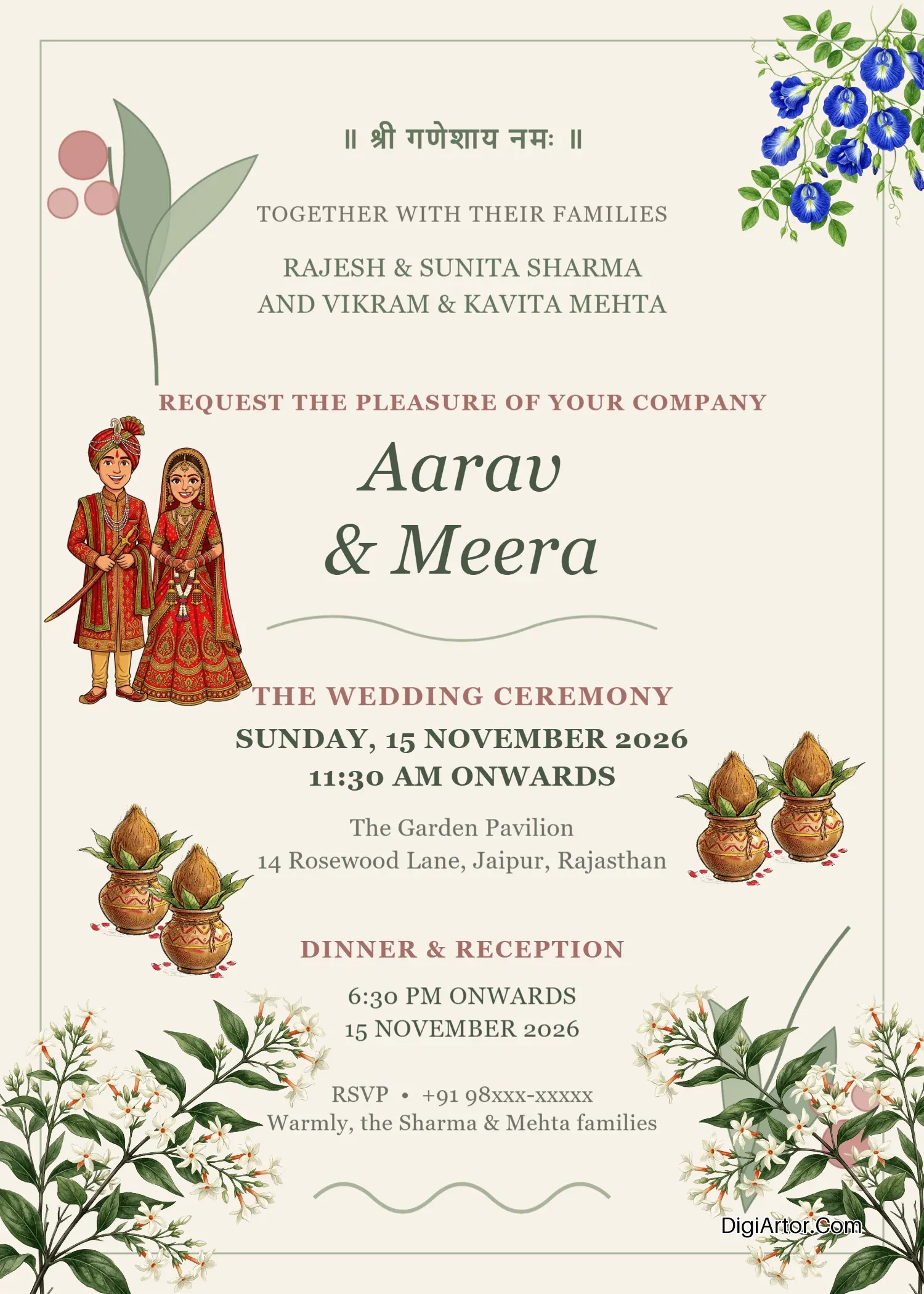 Botanical Hindu Wedding Invitation Editable Template Editable Template Reference Image