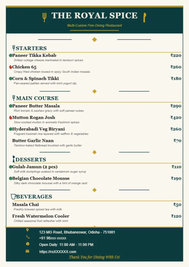Hotel Menu Editable Template Reference Image