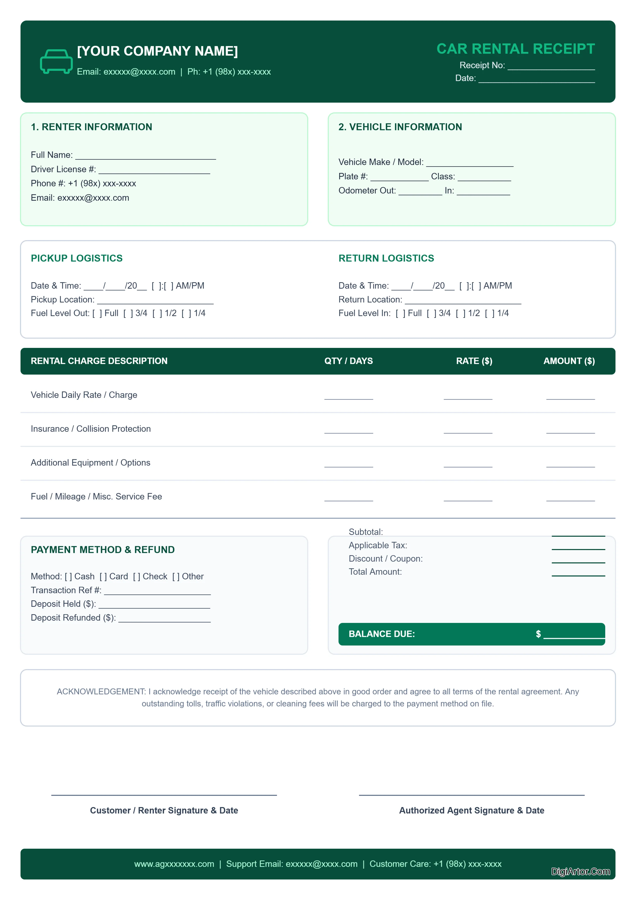 Blank Car Rental Invoice Receipt Editable Template Reference Image