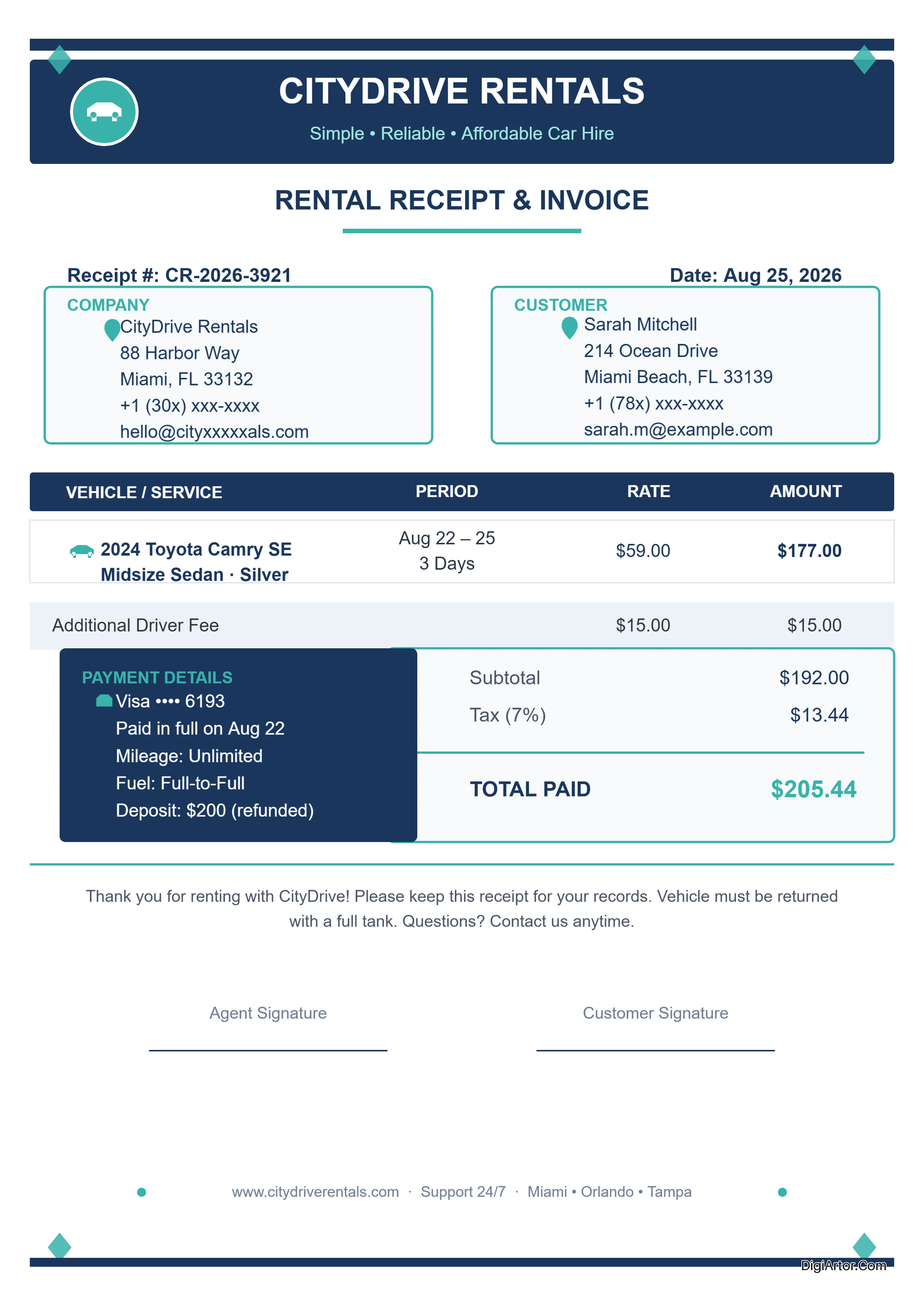 Edit Simple Car Rental Receipt Template Online Editable Template Reference Image