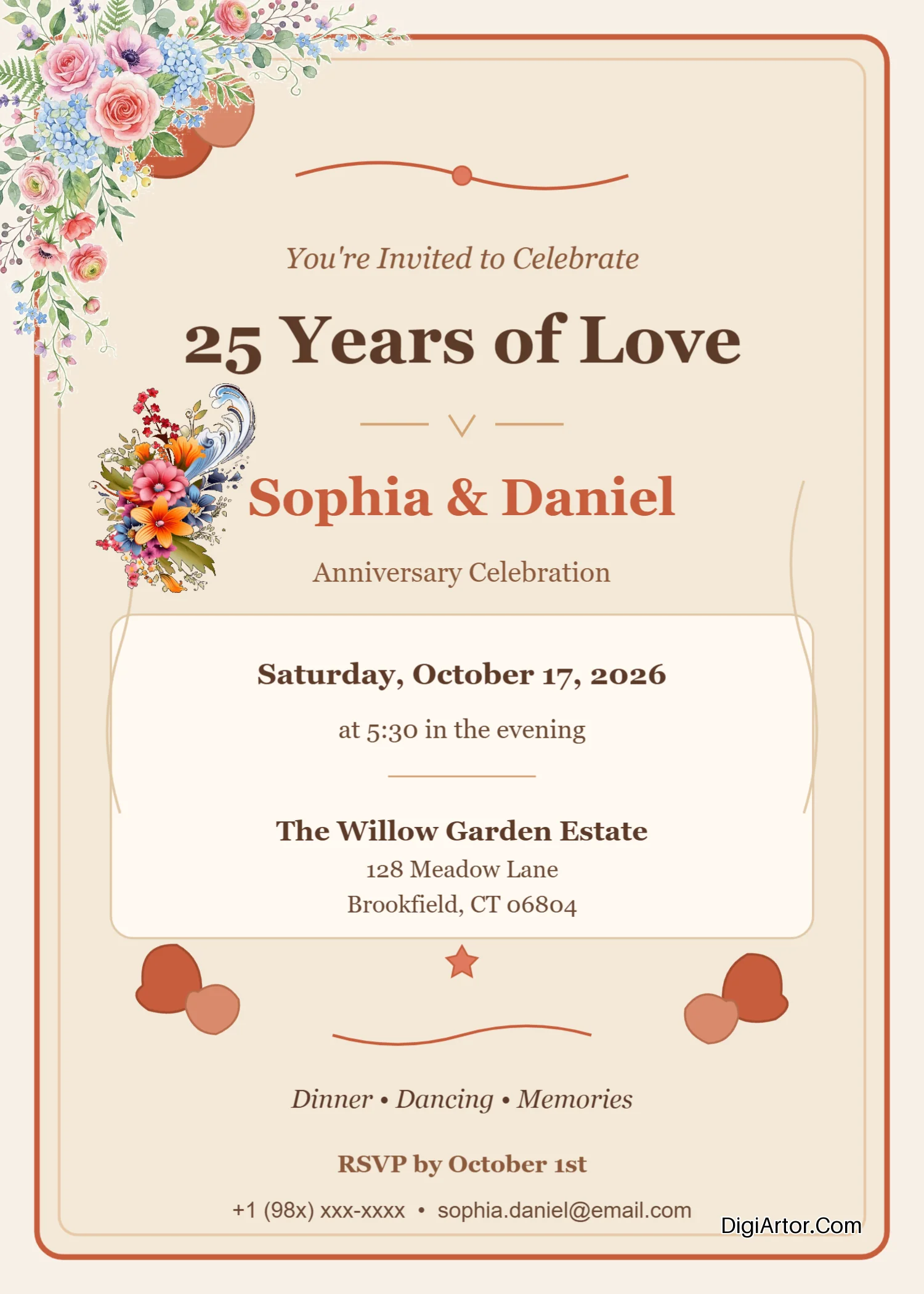 Customize Hand-Drawn Terracotta Anniversary Invitation Cards Online Editable Template Reference Image