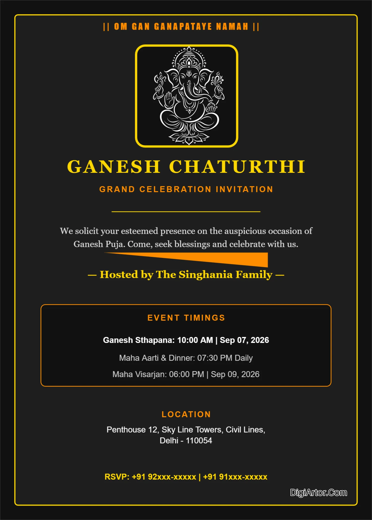 Customize Luxury Dark Glow Ganesh Chaturthi Invitation Online Editable Template Reference Image