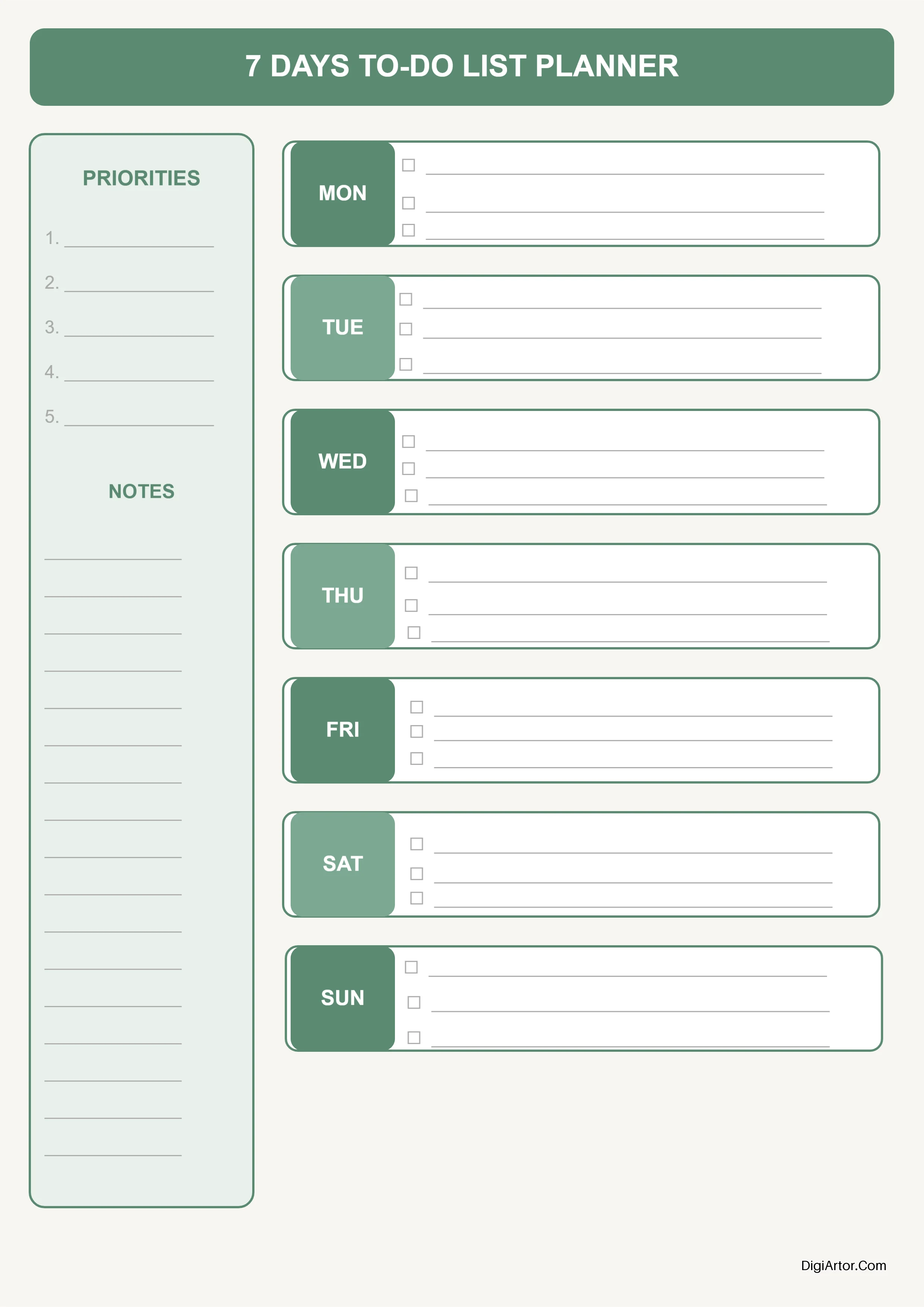 Customize Sage Split 7-Day To-Do Planner Online Editable & Printable Weekly Organizer Editable Template Reference Image