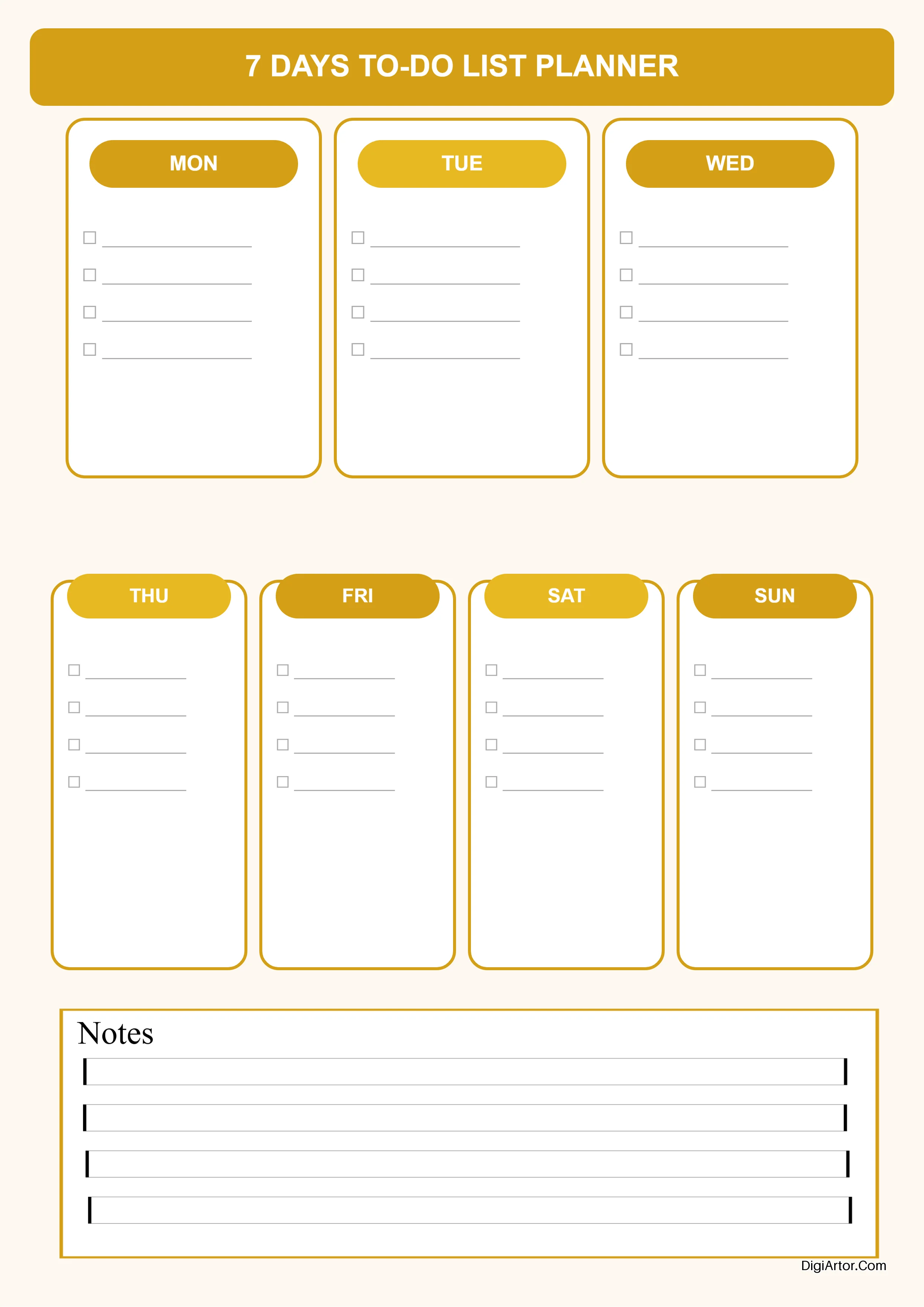 Printable Weekly To Do List Planner With Notes Section - Edit 7 day weekly Organizer Editable Template Reference Image