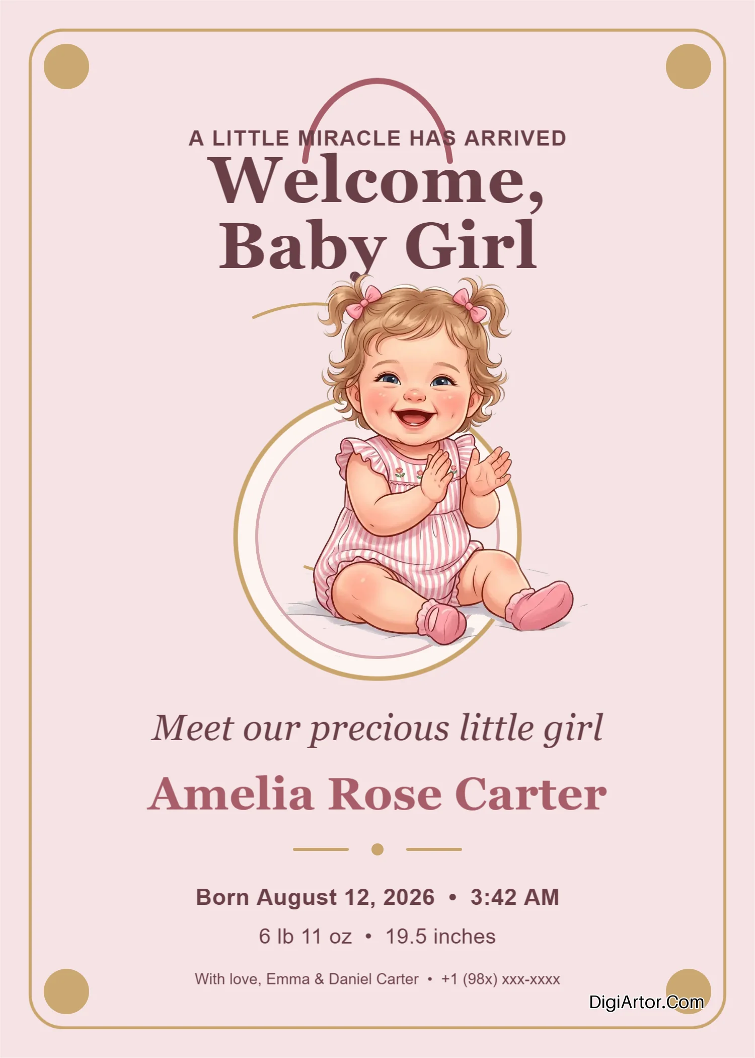 Newborn Baby Girl Greeting Card Editable Template Reference Image