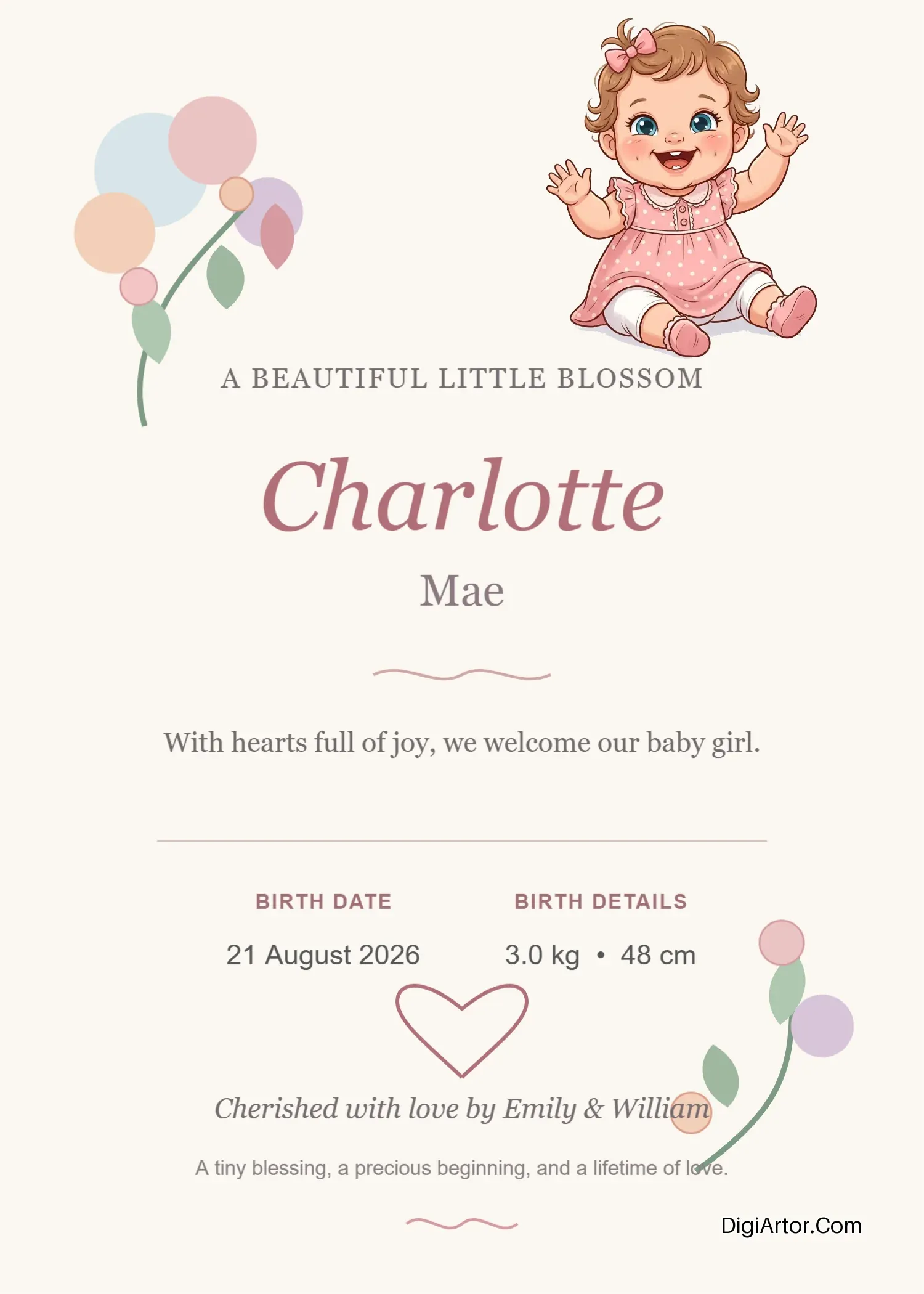 New Born Baby Girl Greeting Card - Editable Template Editable Template Reference Image