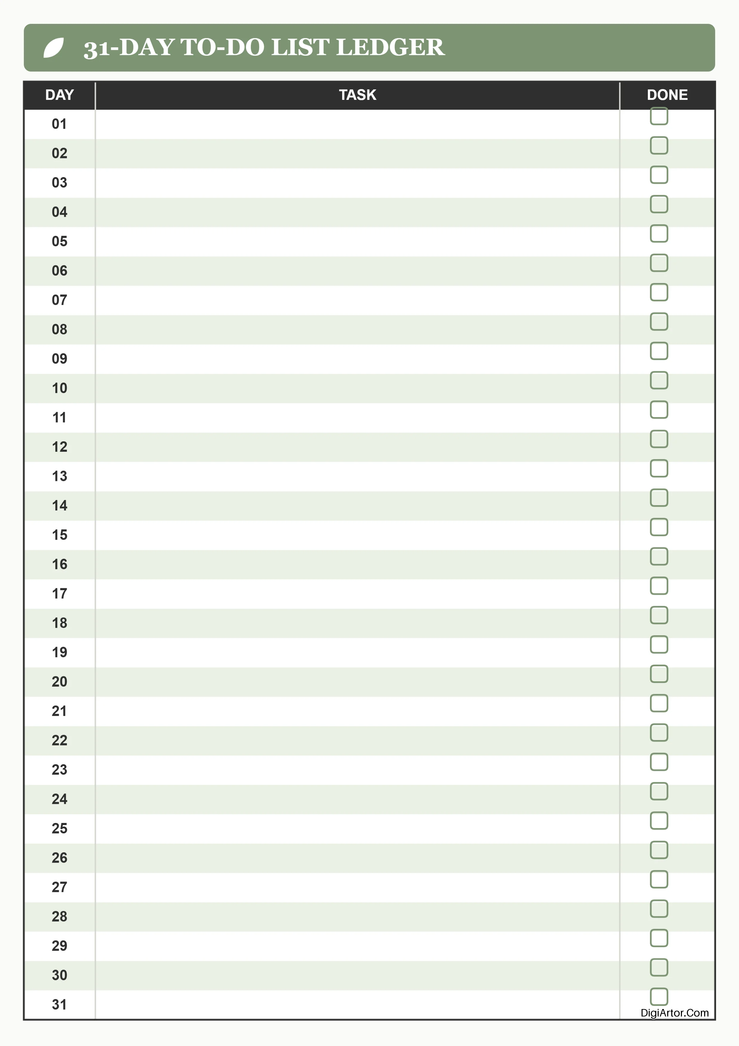 Printable 31 Day To-Do Monthly Planner List Ledger Template – Edit & Download Online Free Editable Template Reference Image