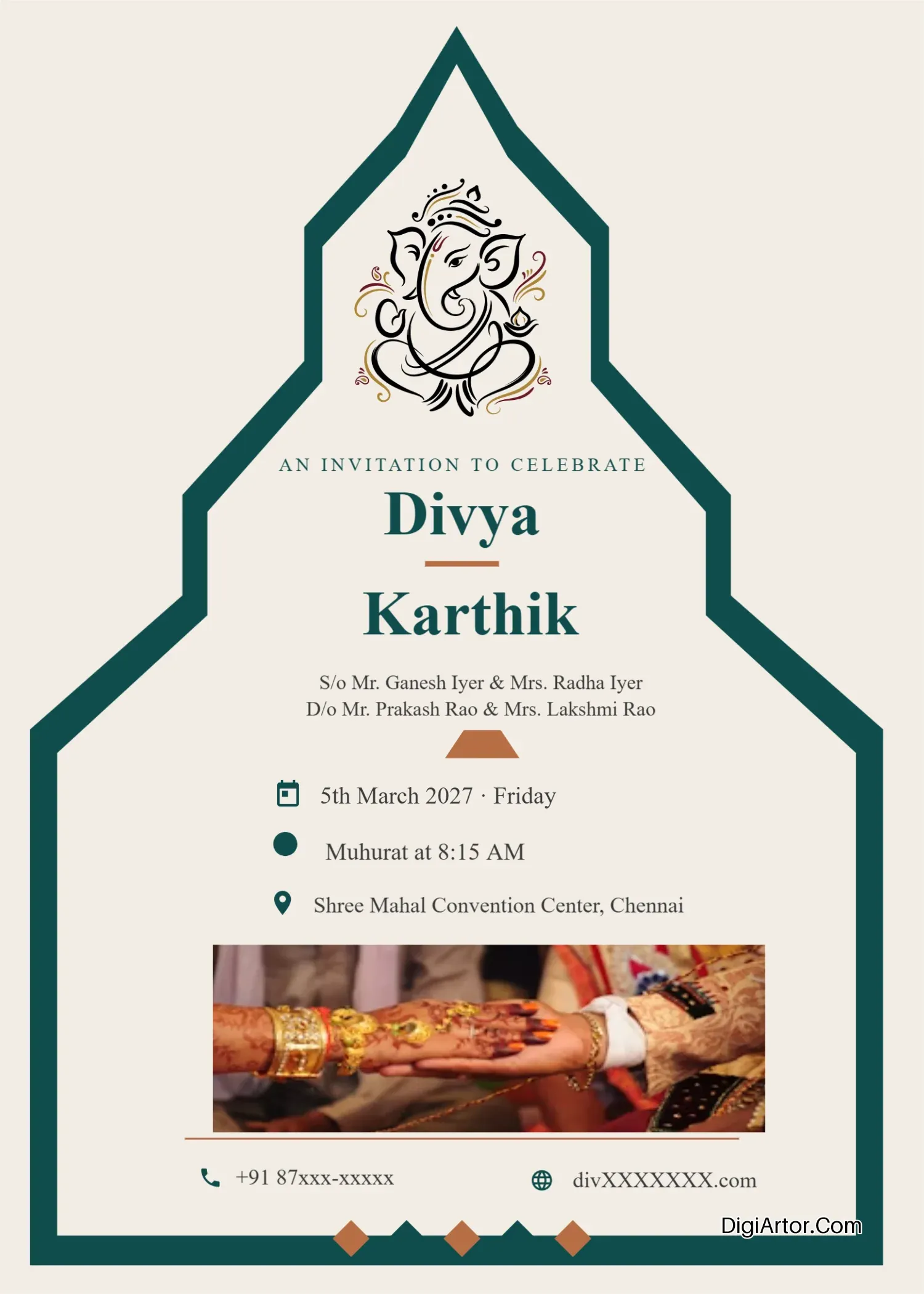 Art Deco Temple-Arch Theme Hindu Wedding Invitation Card - Customizeable Template Editable Template Reference Image