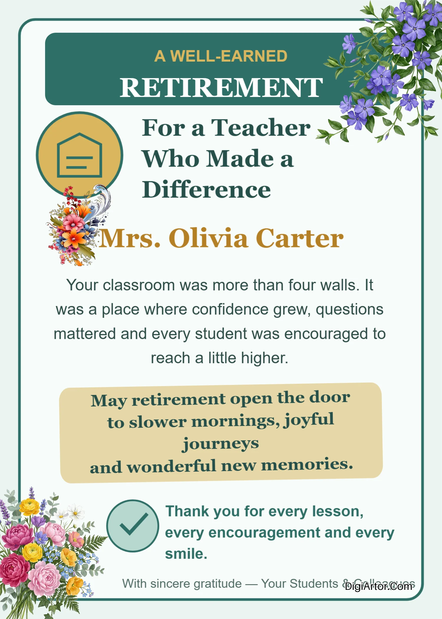 A Special Retirement Greeting Card for an Inspiring Teacher Edit Online Editable Template Reference Image