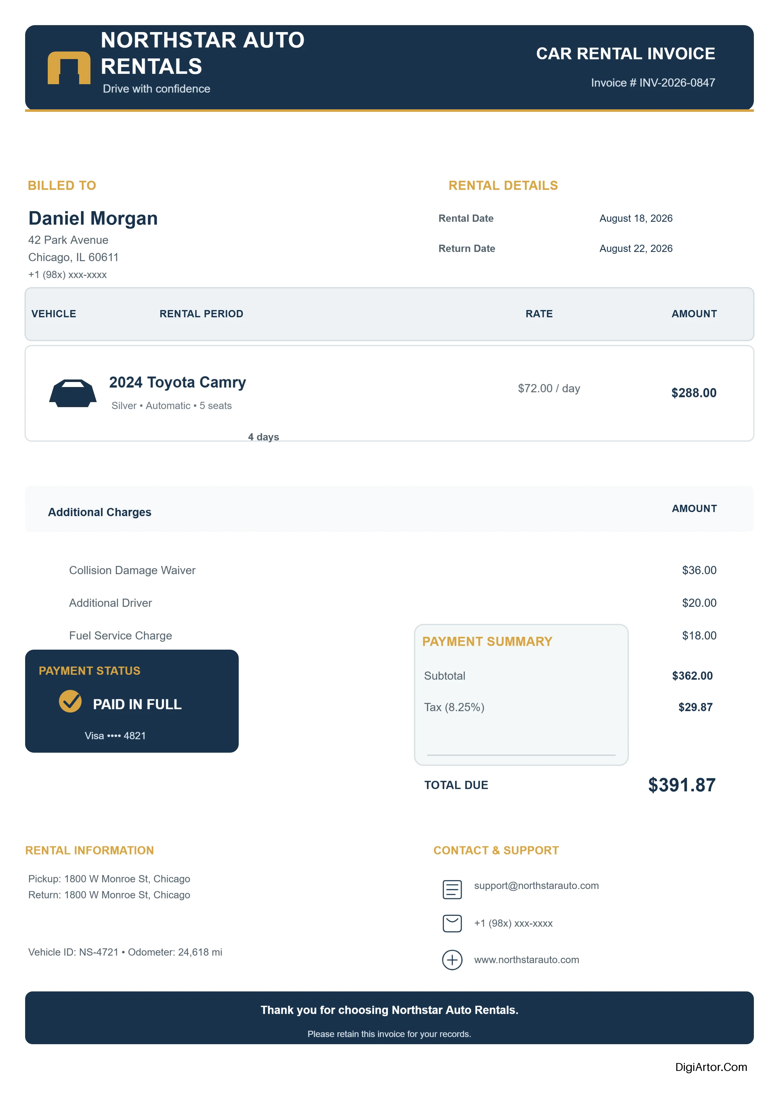 Classic Professional Car Rental Invoice Maker Customize Online Editable Template Reference Image