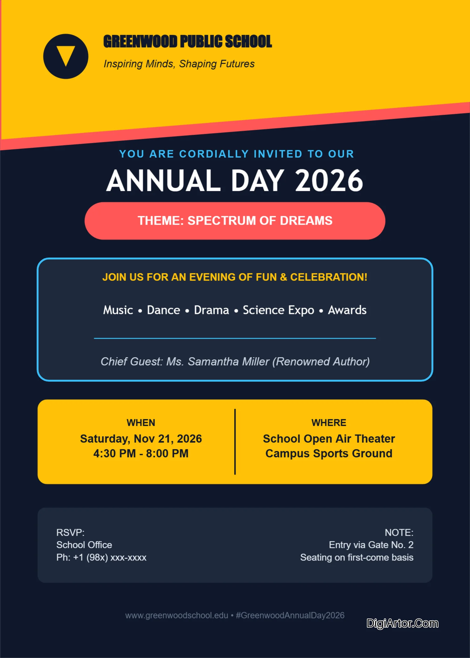 Lets Not Miss the Fun School Annual Day Function Invitation Card - Edit & Download in PDF, PNG Editable Template Reference Image