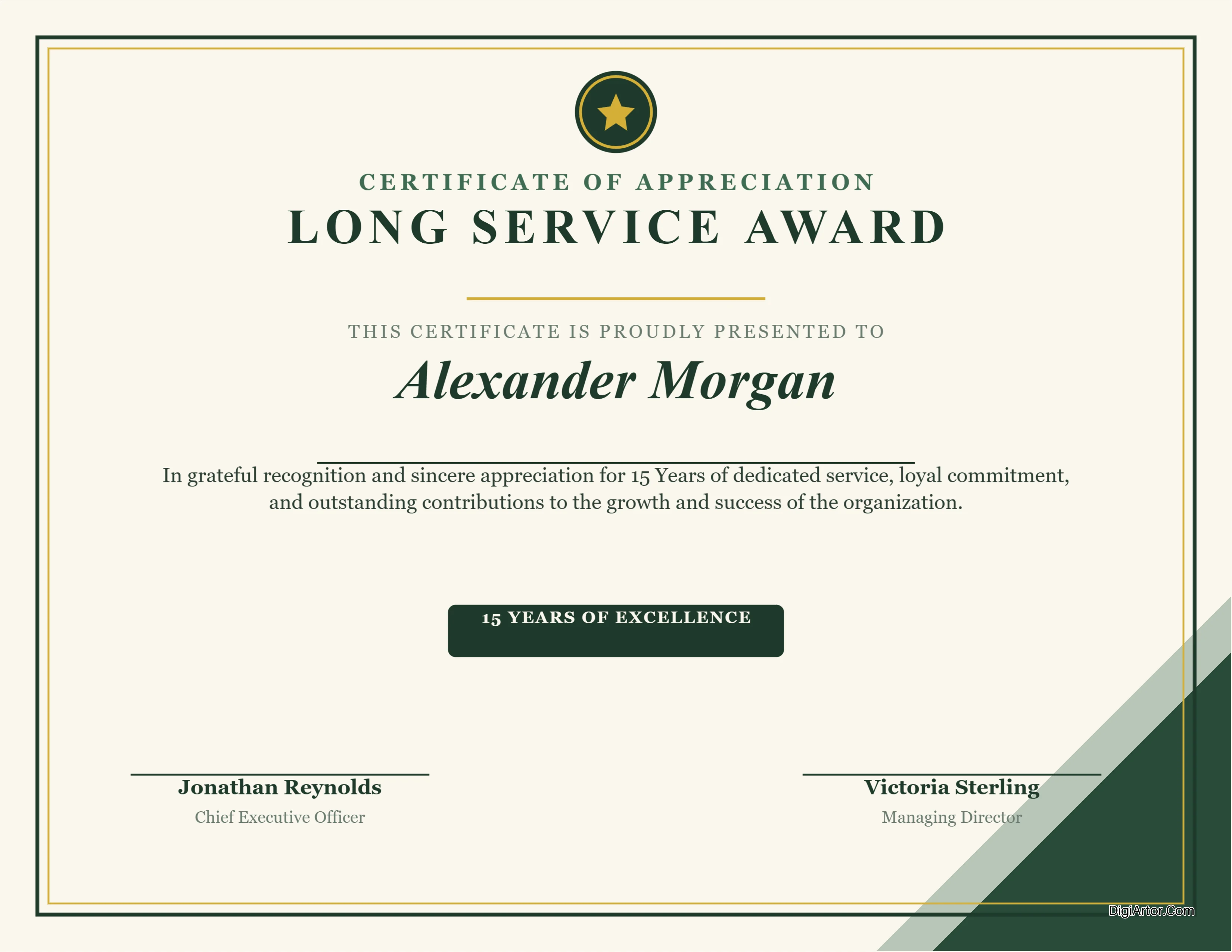 Forest Green Long Service Award Certificate Editable Template Reference Image